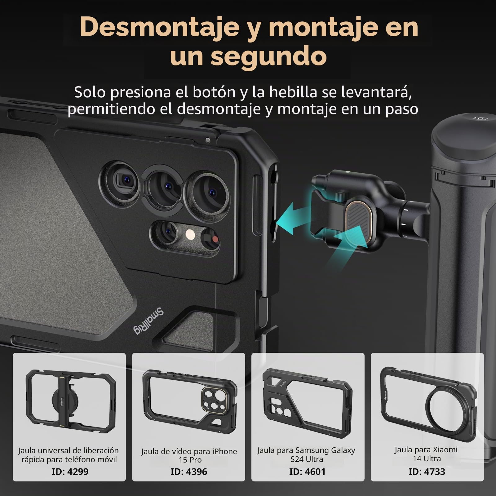 SMALLRIG Mango Lateral de Control Inalámbrico, Empuñadura de Aluminio con Rotación Infinita, Adaptador de Liberación Rápida, Módulo de Control Remoto y Zapata Fría Incorporada - 4402B