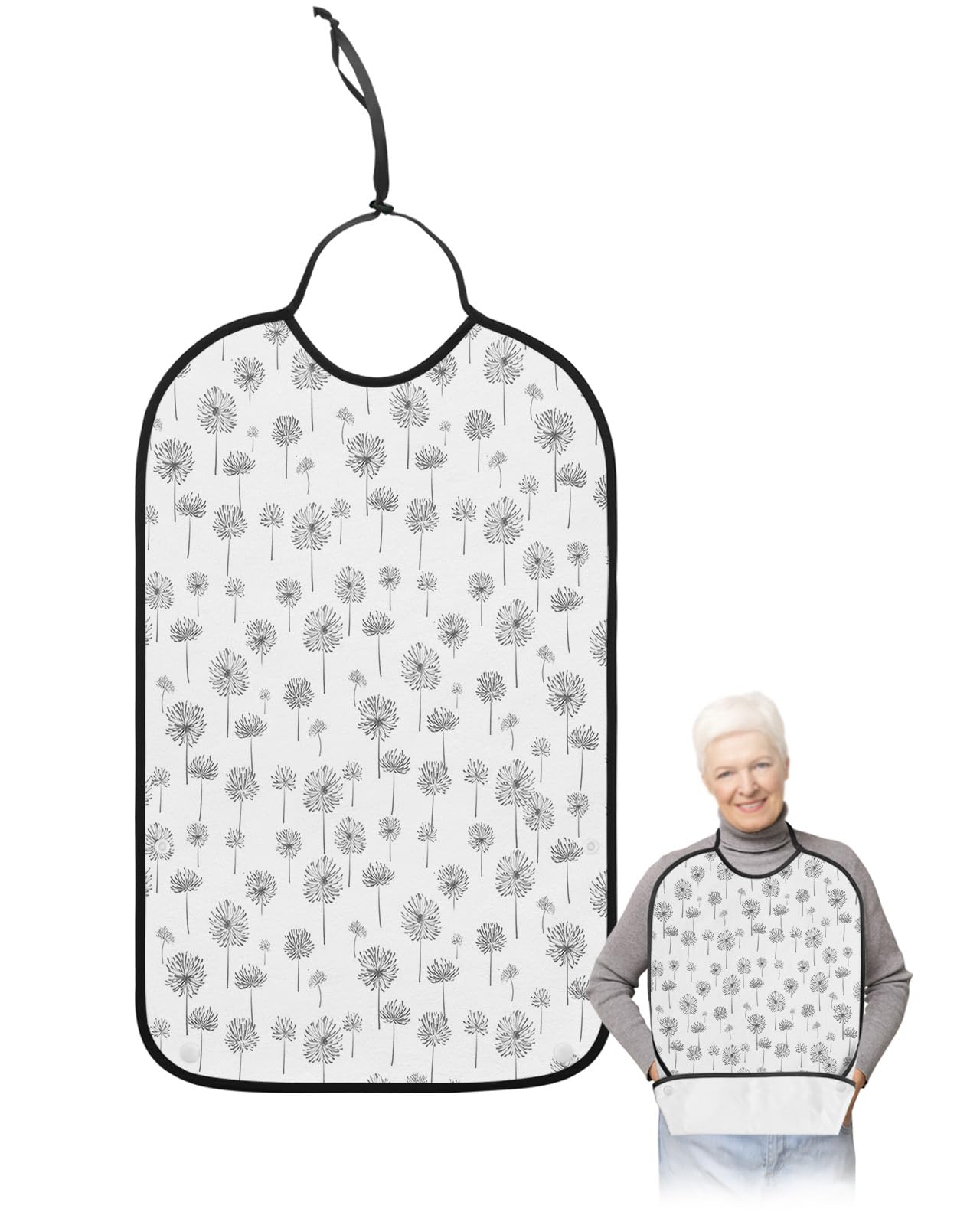 LEOKOTI Grey Spring Floral Adult Bibs for Eating, Waterproof Bibs with Food Catcher & Adjustable Snap Closure, Watercolor Pastoral Summer Botanical Washable Clothing Protectors Adult Bibs for Elderly