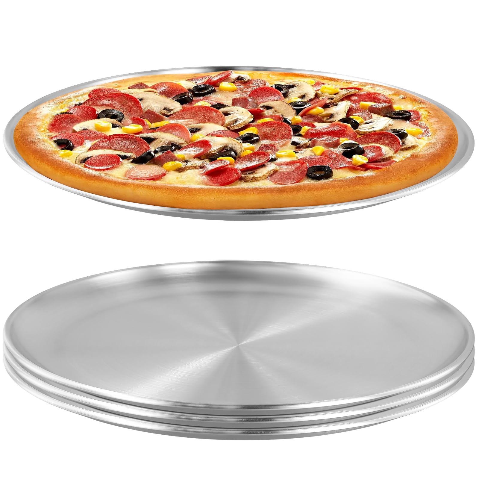 Lot de 3 assiettes plaques à pizza rondes argentées en acier inoxydable de 30 cm pour contenir des desserts, des gâteaux, des fruits, des biscuits, de la viande