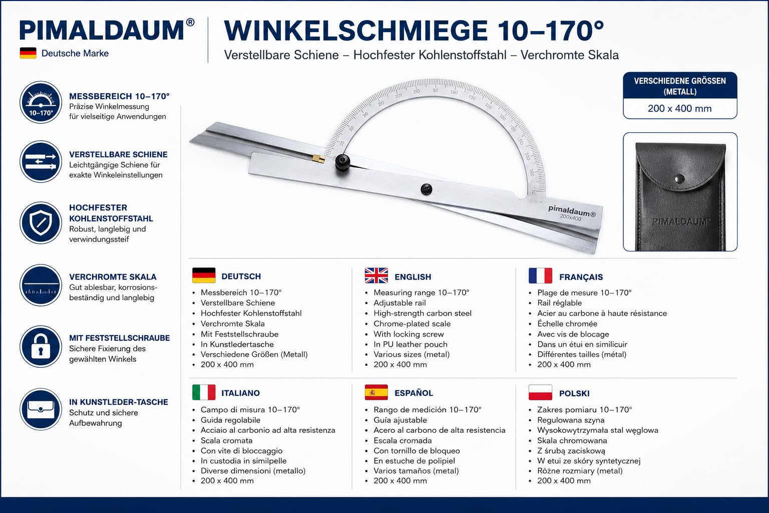 Rapporteur d'angle professionnel avec règle réglable métal 200×400mm | Mesure 10-170°, Traçage précis des angles, 1 pièce