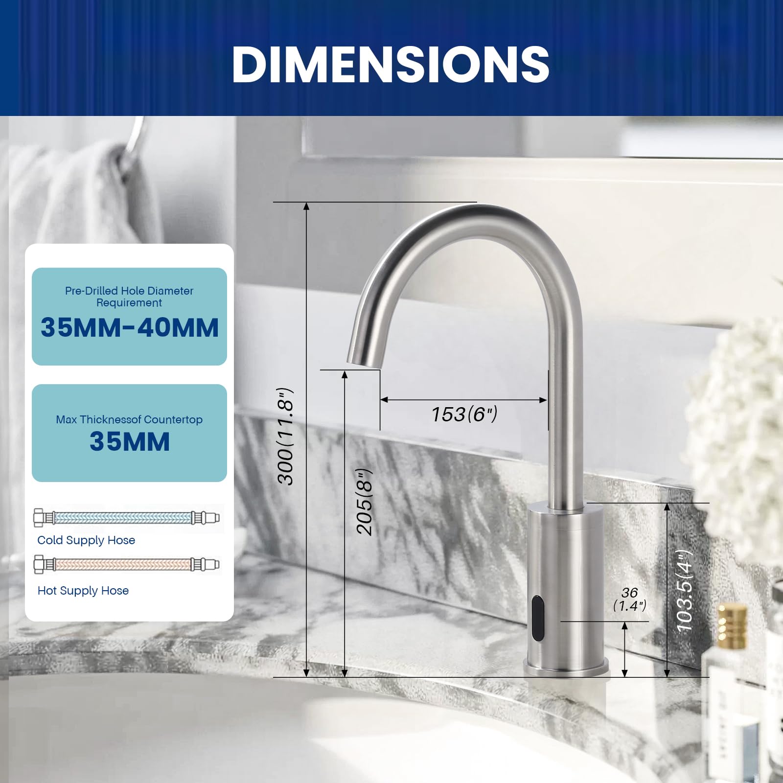 Robinet de Lavabo Sans Contact Automatique à Capteur pour Salle de Bain, Nickel Brossé