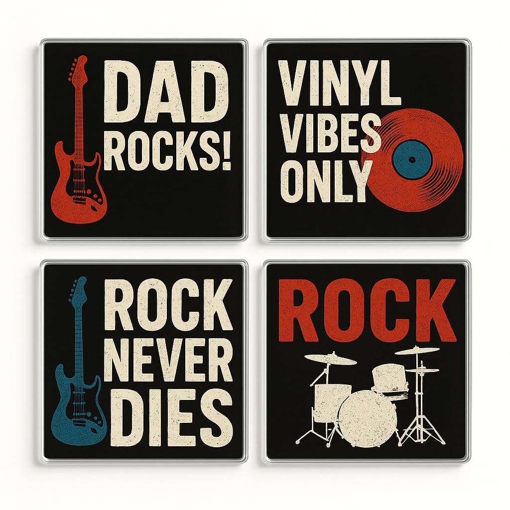The Plum Penguin Rock Reverie Acrylic Coaster Gift Set Of 4 With Bold Rock Nostalgia Design - Pop-Art Grunge Drinkware For Dad's Home Bar