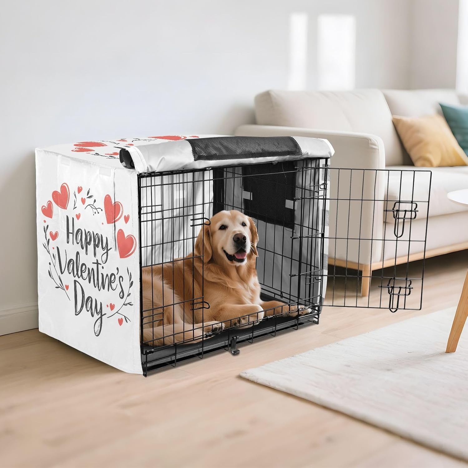 Happy Valentine's Day Dog Crate Cover S-XL Windproof Pet Kennel Cover with Mesh Windows, Reduces Barking, Large
