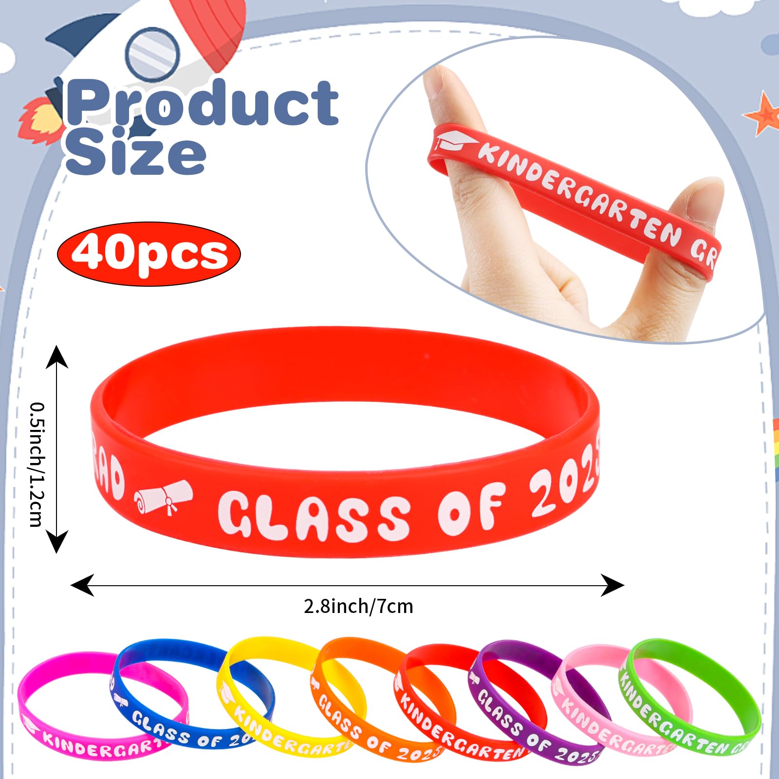 FOIMAS 2025 Kindergarten Graduation Decoration,40pcs Graduation Silicone Wristband KINDERGARTEN GRAD CLASS OF 2025 for Kindergarten Graduation Party Ceremonies Gifts Supplies 8 Colors