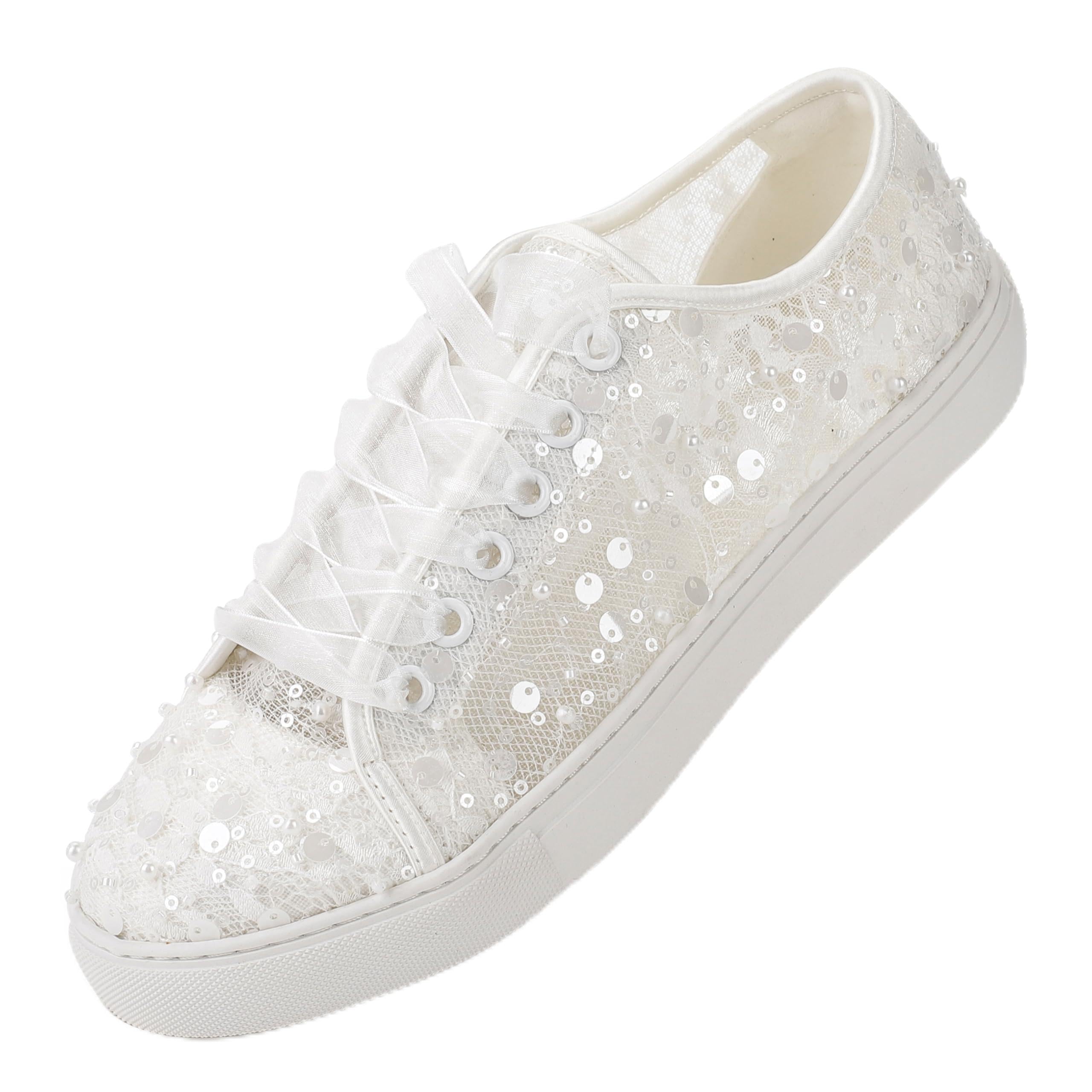 883-8 Scarpe Sposa Sneakers Donna Pizzo Paillettes Scarpe Matrimonio Comode Traspiranti Scarpe Basse Casual