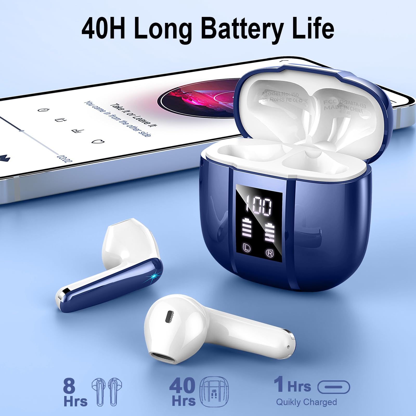 Cuffie Bluetooth, Auricolari Bluetooth 5.3 con 4 HD Mic, 48Ore Stereo HiFi Cuffie Wireless in Ear, 3g Ultra Leggero/IP7 Impermeabili, Cuffiette Bluetooth Senza Fili per Android (Seconda Generazione)