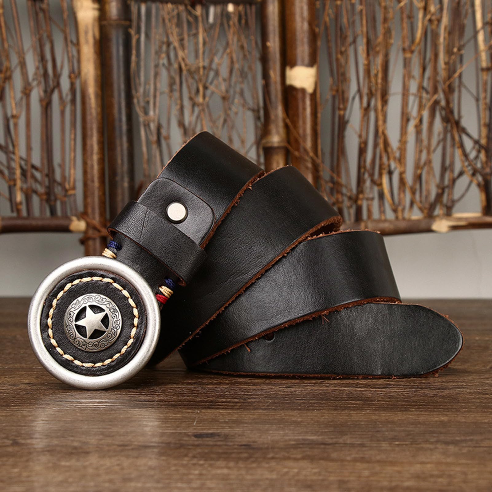 Cintura Western Unisex - Cinturino Da Cowboy Country 1 1/2", Spessore 5, Mm, Fibbia Circolare Con Pentagramma Inciso