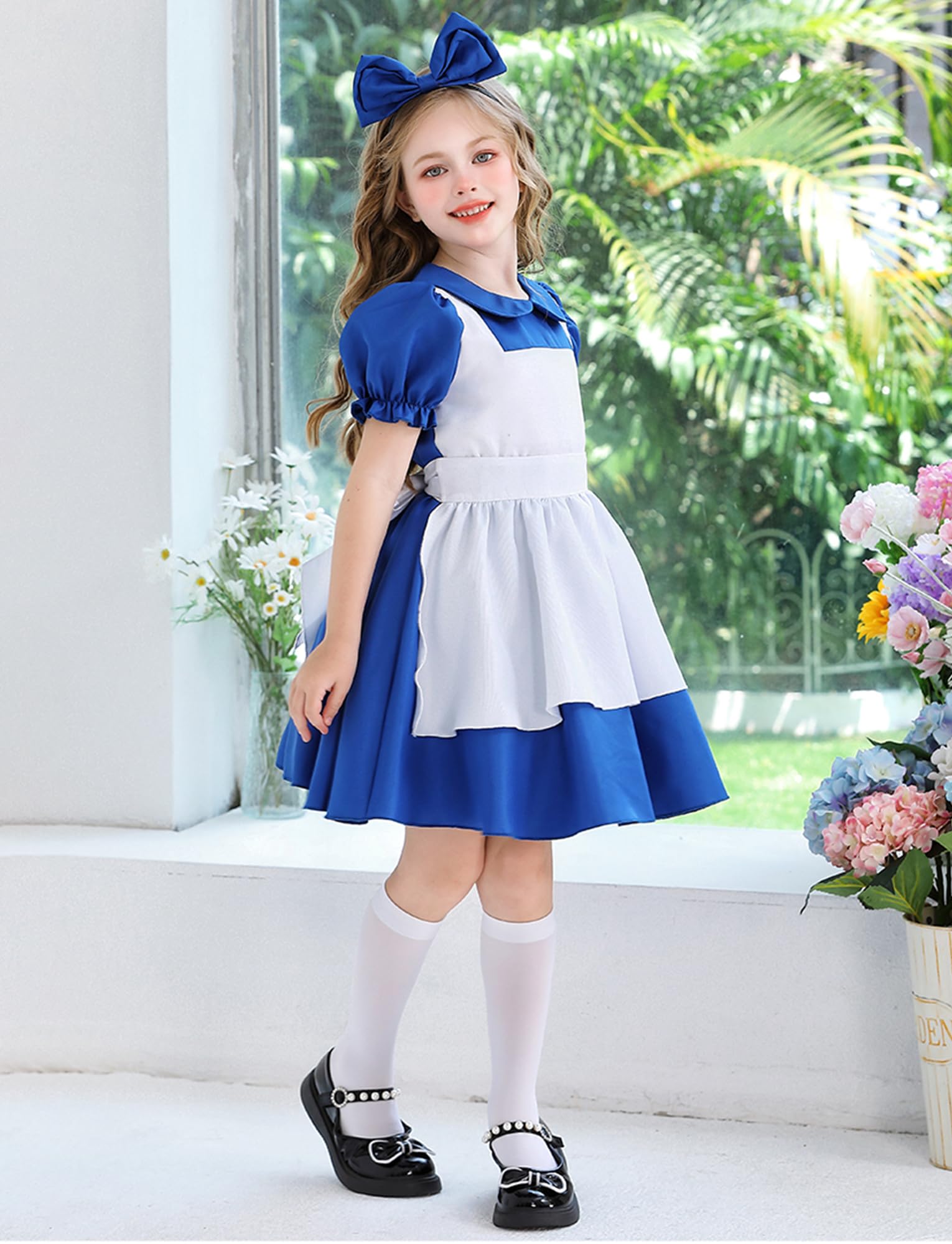 Girls Halloween Cosplay Anime Party Uniform with Apron Headwear Kids Princess Dress Apparel Set Dark Blue 4-5 Years - Image 3