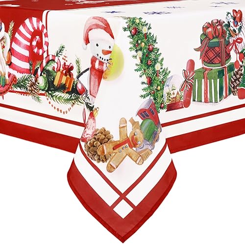 Miniatura 5 de Yinhua Mantel de Navidad, mesa rectangular de Papá Noel, muñeco de nieve, color rojo, lavable, para fiesta de Navidad, picnic, mantel impermeable de