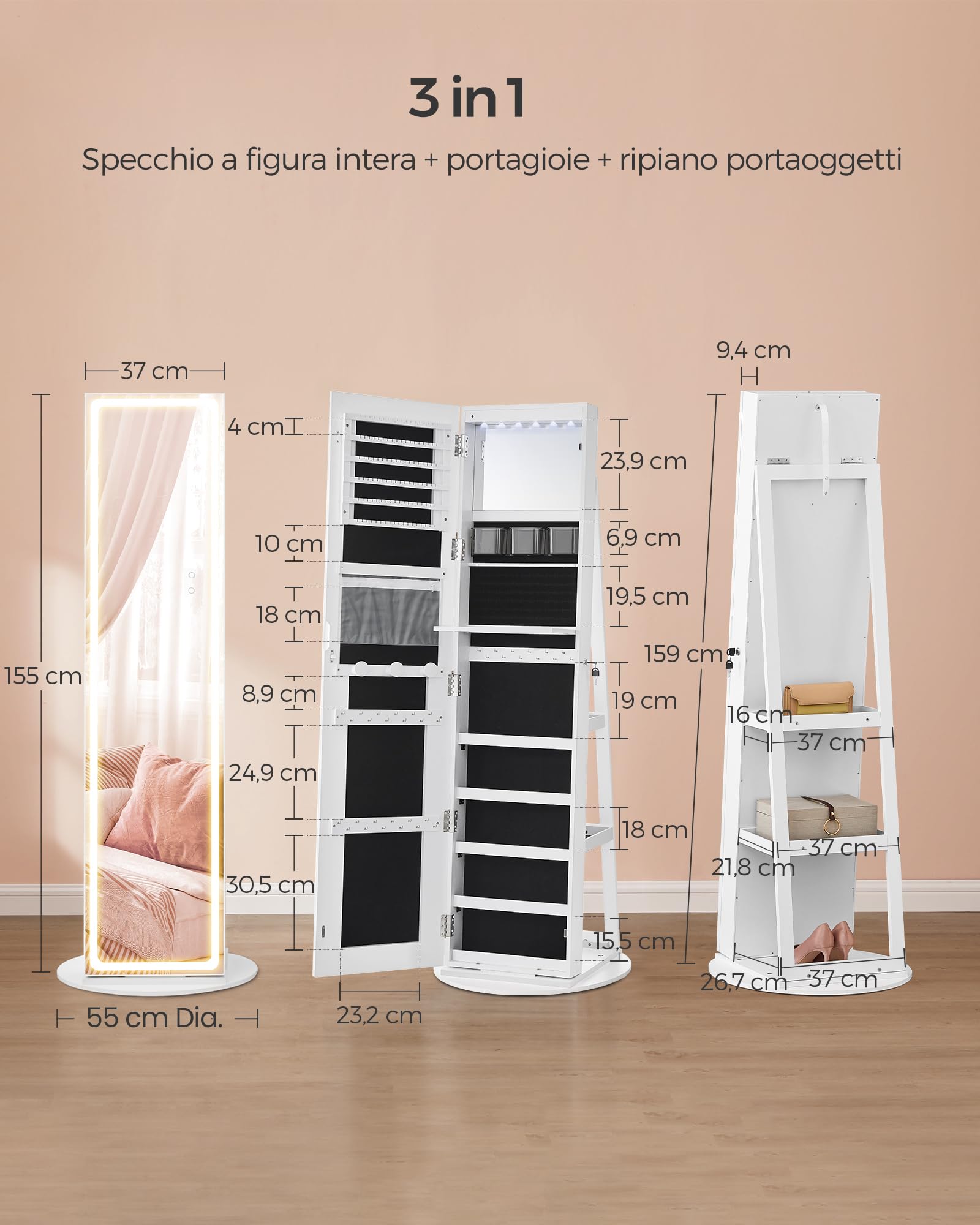 SONGMICS Specchio Portagioie con LED, Armadietto Portagioie da Terra con Chiusura, Specchio a Figura Intera e Luci Regolabili, Mobile per Gioielli Salvaspazio, Idea Regalo, Bianco Nuvola JJC008W03