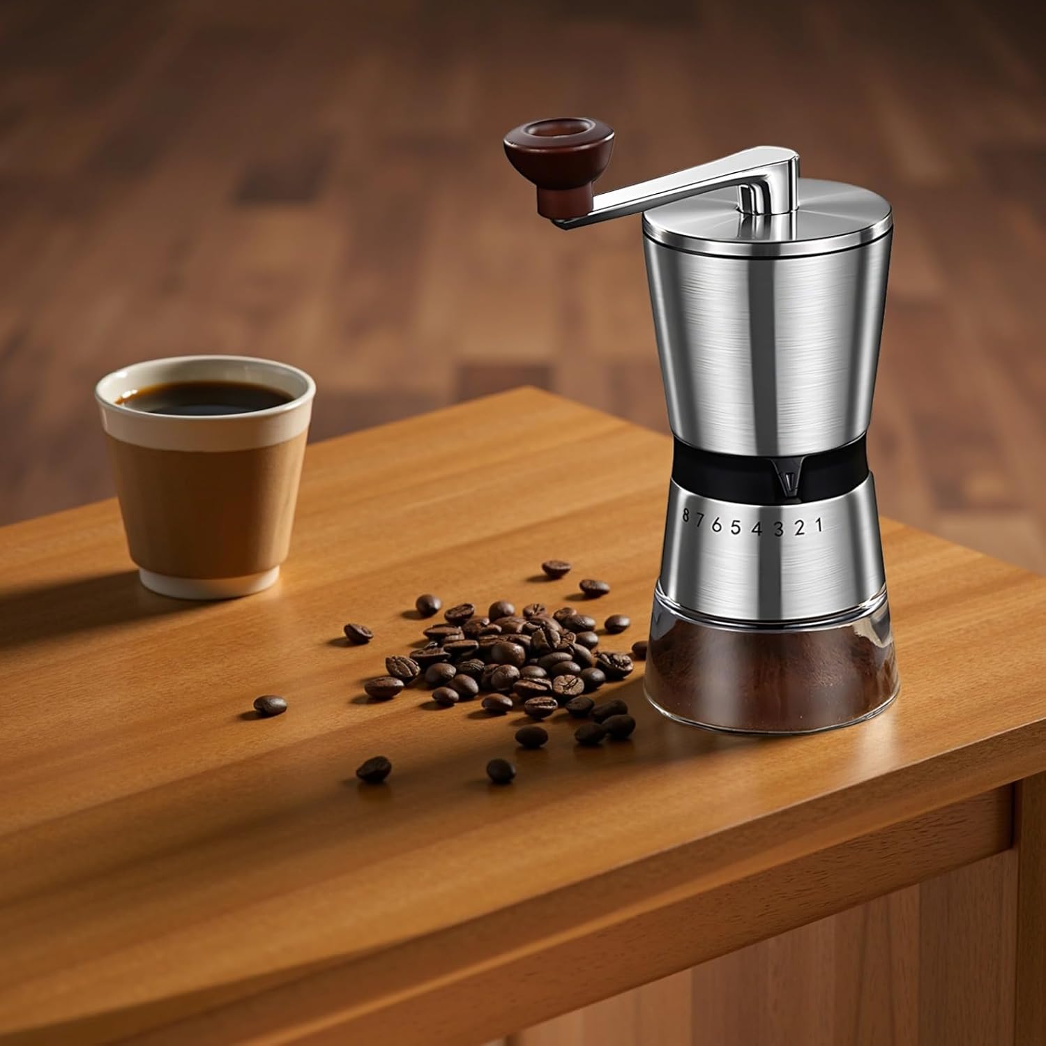 Adjustable Manual Coffee Grinder, 8 Gear Ceramic Burr Mill, Portable Hand Crank for Travel, 2.8 Oz Hopper, 6.5 Oz Ground Chamber