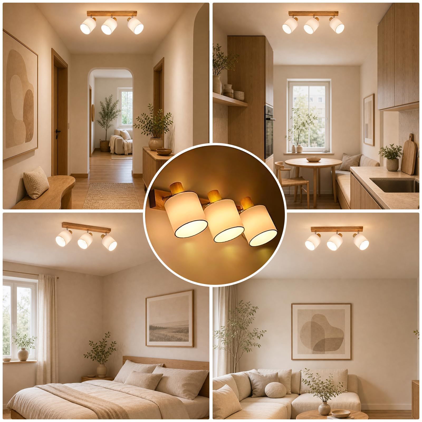 Glitzerlife Deckenlampe 3 Flammig Deckenstrahler Holz LED Deckenleuchte Vintage Boho E14 Schwenkbar 350° Retro MAX.25W