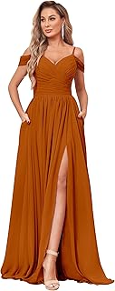 Off The Shoulder Bridesmaid Dresses with Pockets Ruched Chiffon Long Slit Formal Evening Gown - Buy now