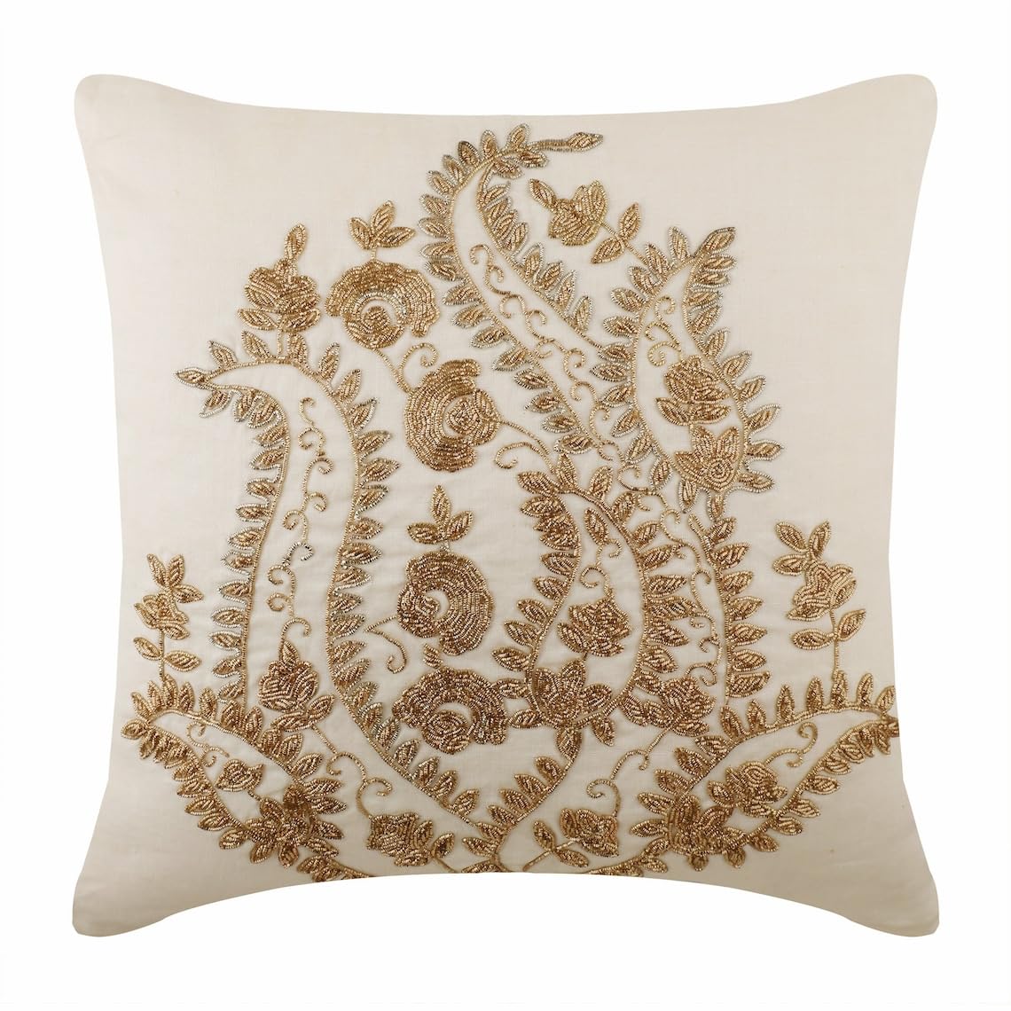 The HomeCentric White Throw Cushion Cover, Indian Paisley Traditional Cushion Cover, Throw Cushion Covers Pack of 2, 35x35 cm (14x14) Cotton Linen Cushioncase, Floral Contemporary- Gold Magical Garden โ image 1