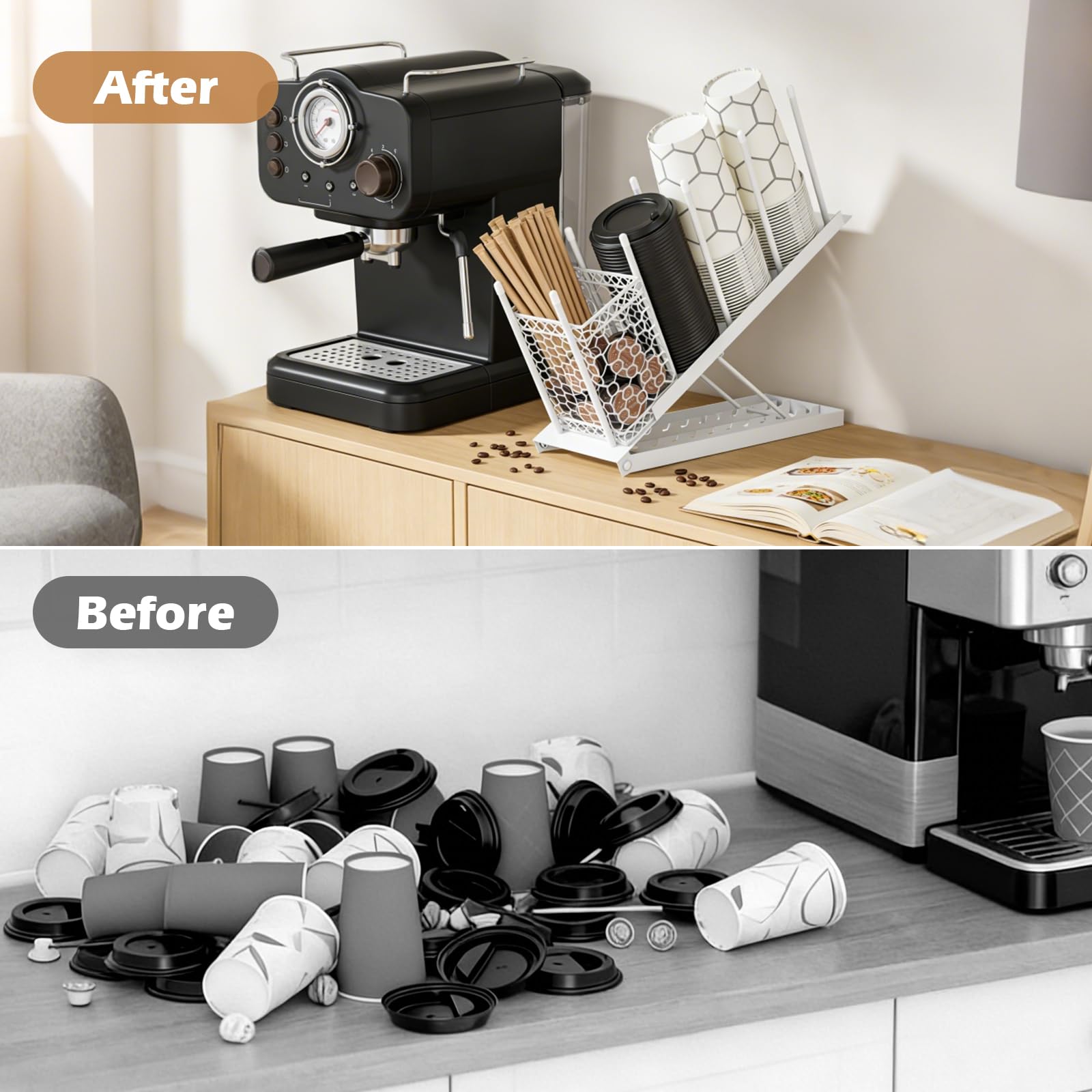 Becher- und Deckelhalter, 4 Fächer, Einweg-Kaffeetassen-Organizer, Kaffee Bar Einwegbecher- Spender, Verstellbarer Kaffeebecherhalter für Kaffeestation, Bartheke, Arbeitsplatte (Weiß)