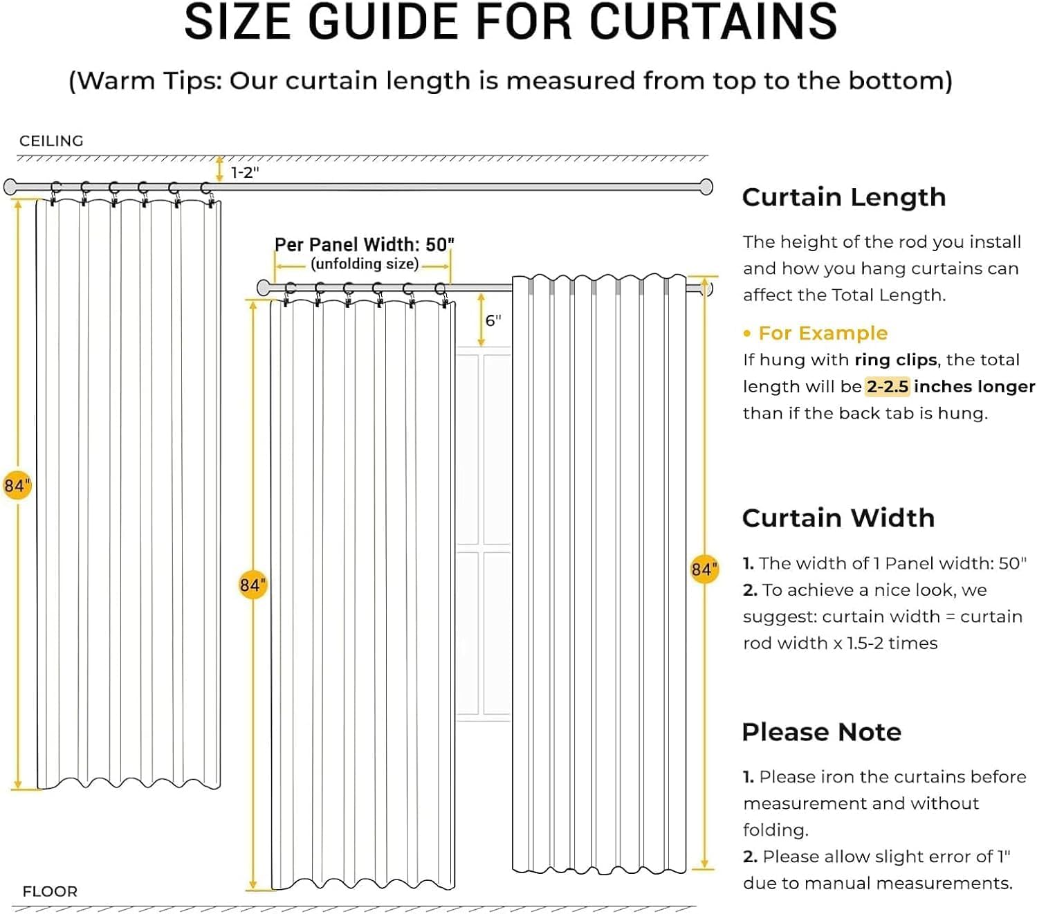 INOVADAY 100% Blackout Curtains for Bedroom, Cream Black Out Curtains 84 Inch Long, Clip Rings Linen Blackout Drapes, Thermal Insulated Room Darkening for Living Room, 2 Panels - W50xL84