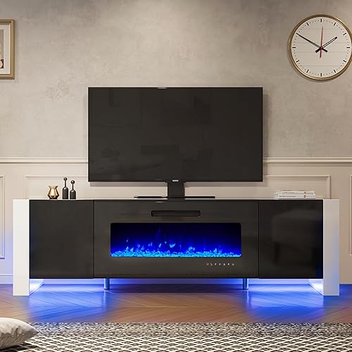 LUXOAK Soporte de TV con chimenea de 70 pulgadas con patas en forma de U, consola multimedia con acabado espejo con chimenea eléctrica de 36