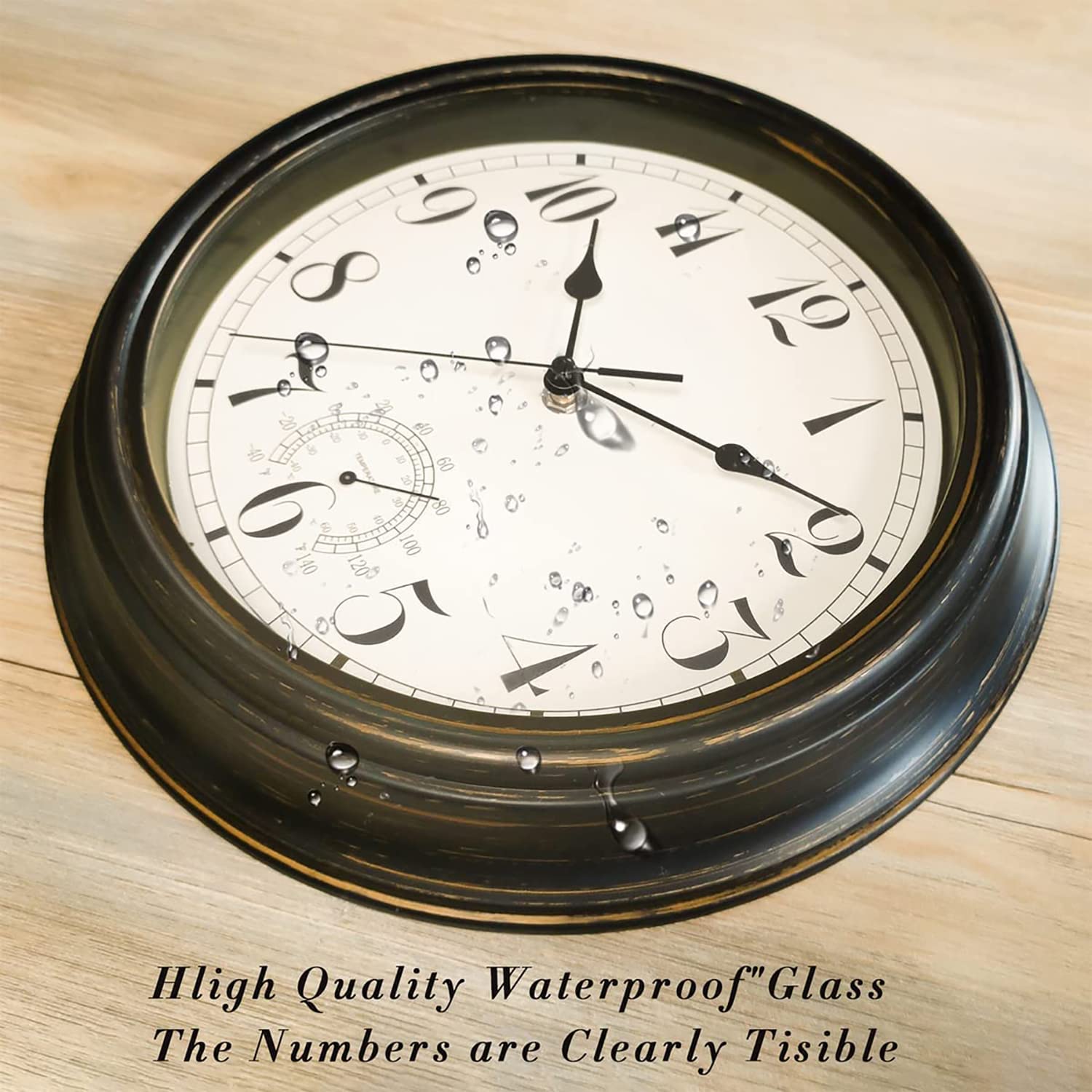 Grande horloge murale d'extérieur et d'intérieur étanche de 30.5 cm avec thermomètre, résistante aux intempéries, sans tic-tac, fonctionne avec des piles, salle de bain, cadeau