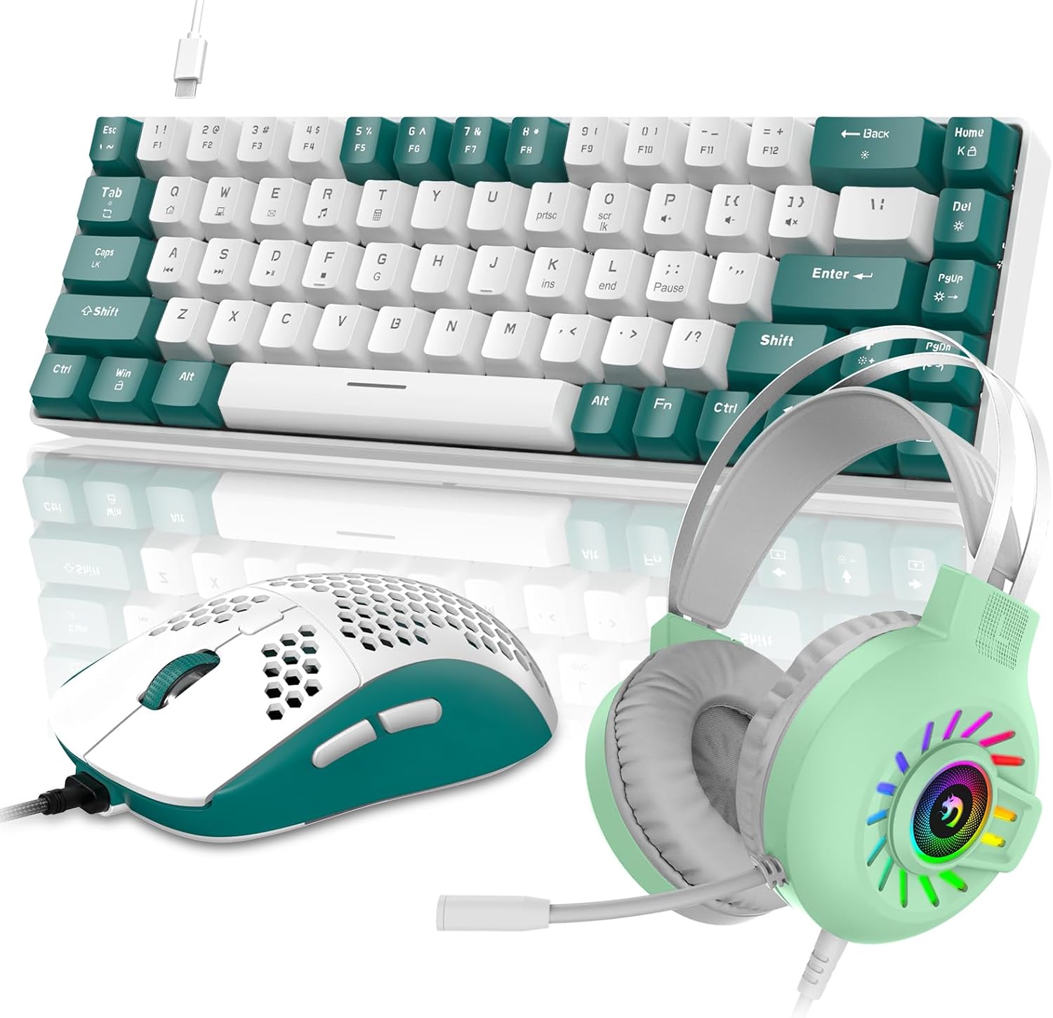 60% RGB Gaming Keyboard and Mouse and Headset,Wired Mechanical Keyboard,68 Keys TKL Compact Mini Layout,Honeycomb RGB Gaming Mouse,Up to 6400DPI,for PC MAC PS5 Xbox,Green 60% RGB Gaming Keyboard and Mouse and Headset,Wired Mechanical Keyboard,68 Keys TKL Compact Mini Layout,Honeycomb RGB Gaming Mouse,Up to 6400DPI,for PC MAC PS5 Xbox,Green