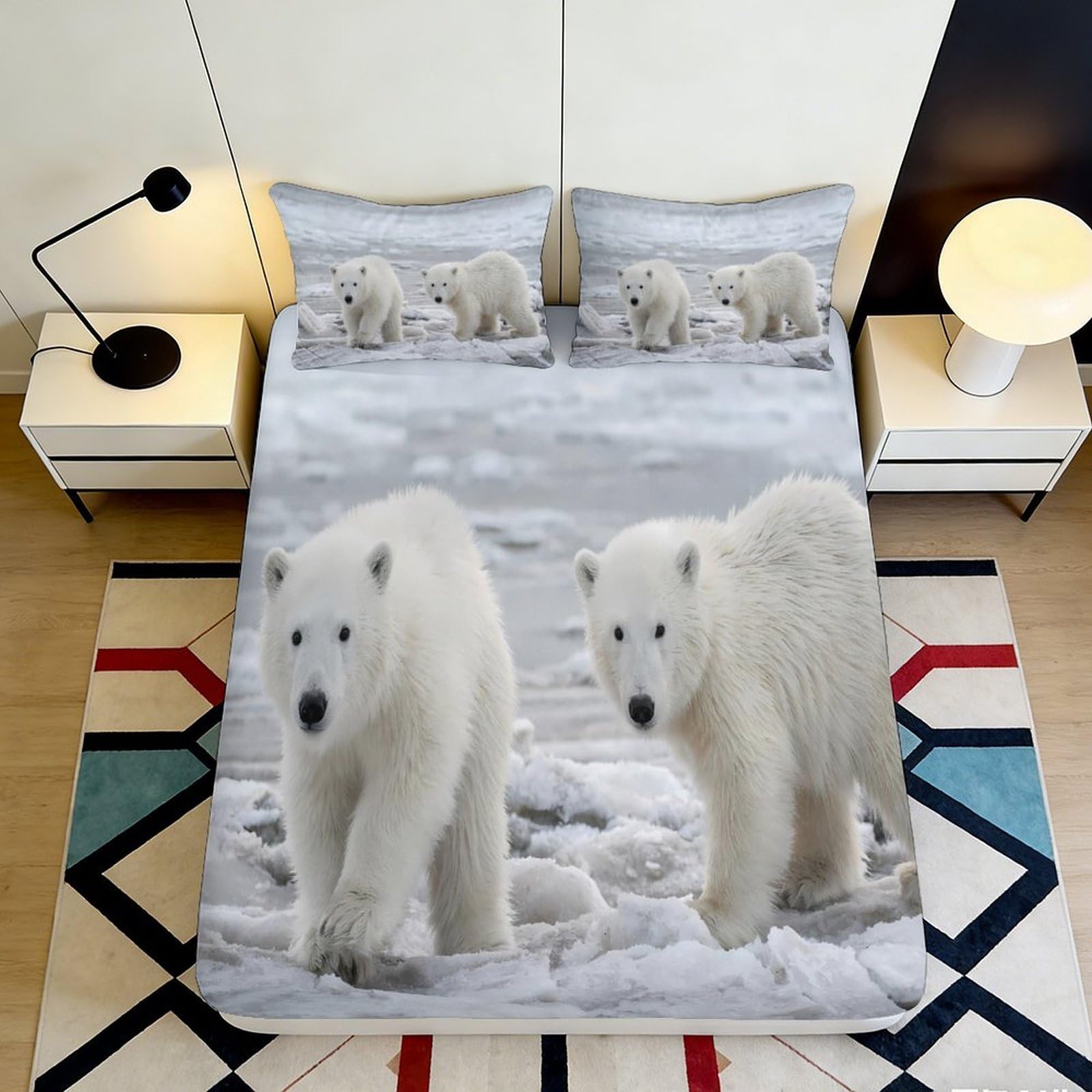 3D Printed Polar Bear Snow Fitted Sheet Microfiber Soft Mattress Cover Bedroom Dorm Protection Decor White Arctic Animal 90x200x25cm