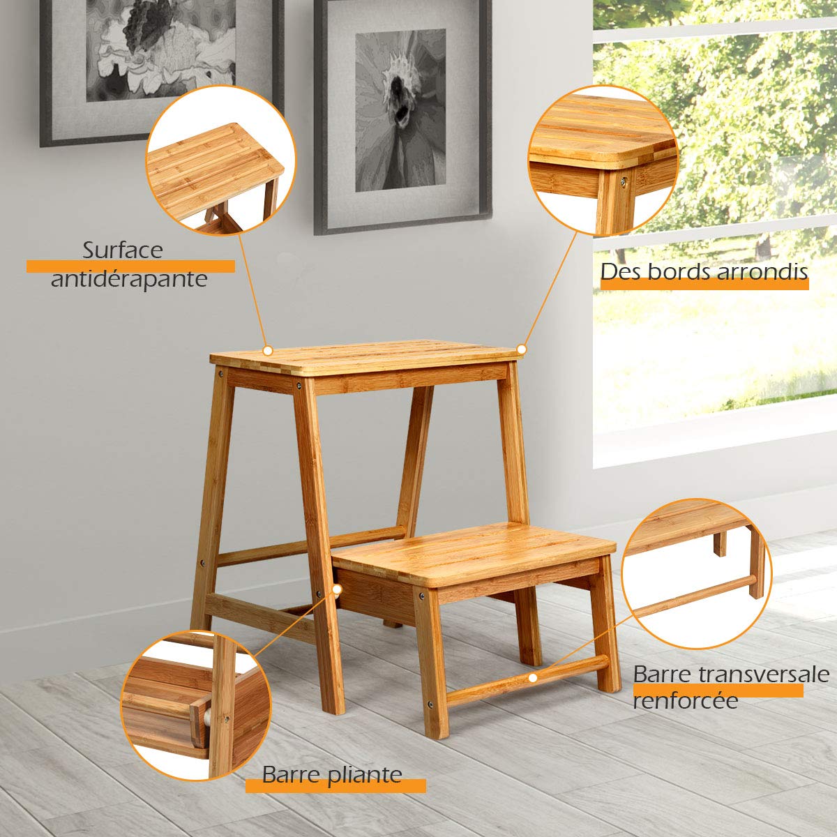 COSTWAY Marche Pied Bambou Pliant Portable à Deux Etages avec Levier Rabattable, Escabeau Tabouret Surface Antidérapante et des Bords Arrondis, Charge 150kg, 45x51x48cm (Bois)