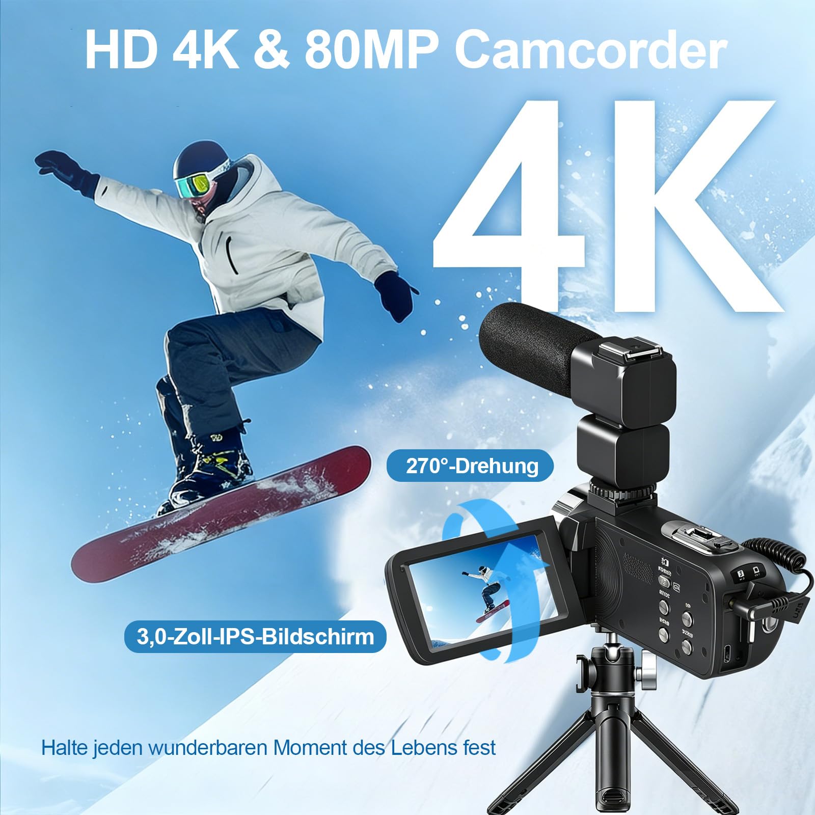 Videokamera 4K Camcorder 80MP 30FPS IR Nachtversion Vlogging Kamera 3.0-Zoll IPS Bildschirm 18X Digitalzoom für YouTube