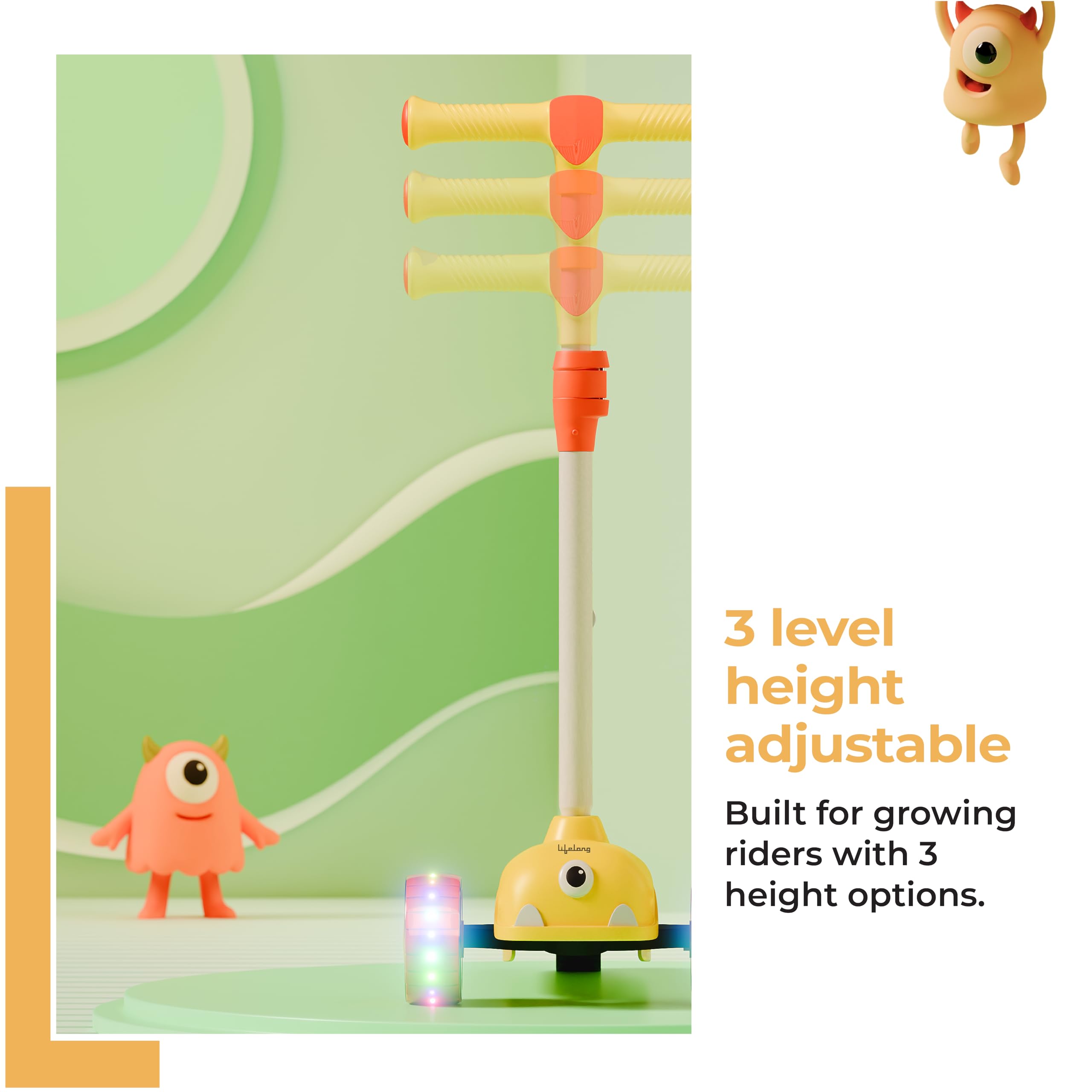 Lifelong Kids Scooter for Boys & Girls| LED PU Wheels | 4-Level Adjustable Height | BIS Certified | 50Kg Capacity | Tilt-to-Turn Steering, Heavy, PPCP Body, Aluminum Handle, Yellow & Orange 2