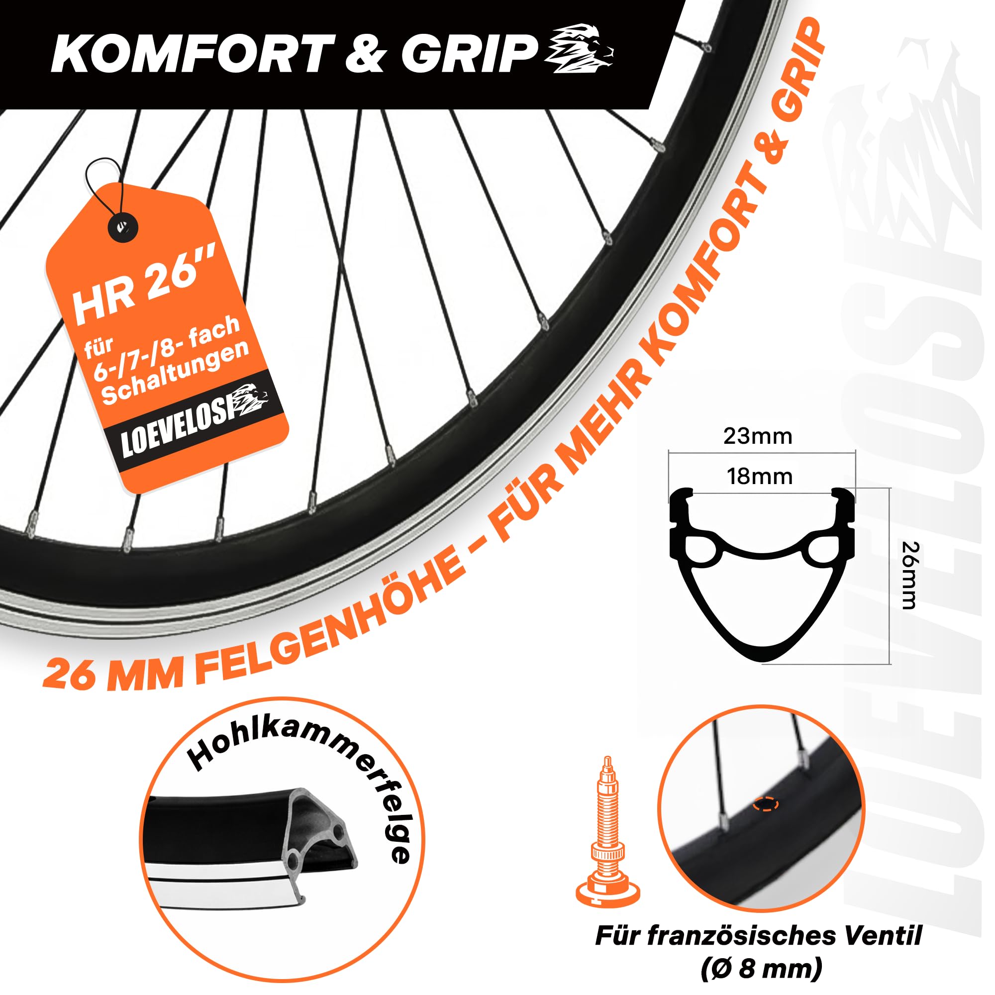 Roue arrière de VTT 26 pouces - Couronne à vis 6/7/8 vitesses - Axe complet de 135 mm - Frein sur jante V-Brake - Jante creuse en aluminium - 36 rayons - Noir - Roue arrière pour VTT