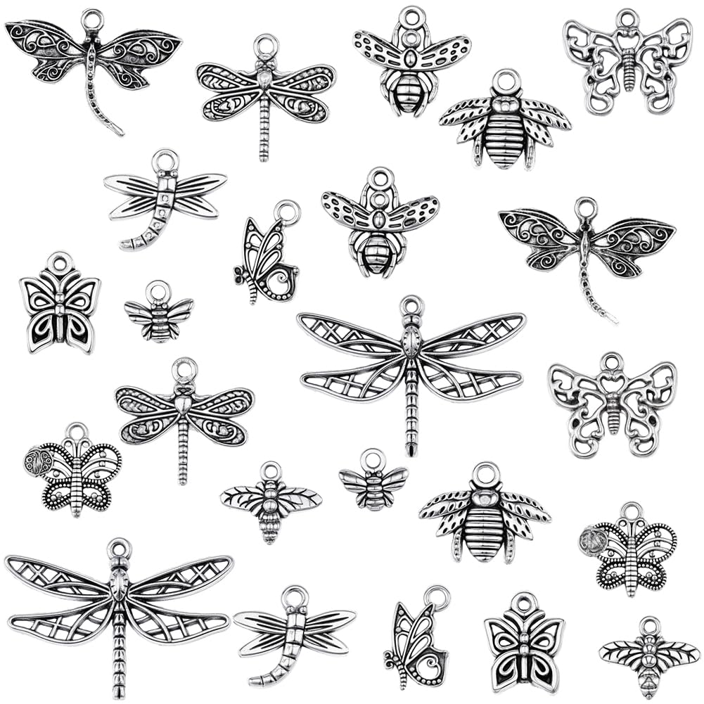 SUNNYCLUE 1 Box 96Pcs 12 Styles Dragonfly Charm Silver Butterfly Charms Tibetan Antique Alloy Hollow Wings Small Insect Bee Butterflies Pendants for Jewellery Making Crafting Earrings Necklaces