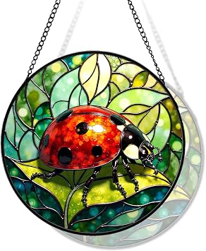 Stained Glass Window Hanging, Red Ladybug Sun Catcher with Green Leaves for Indoor Window Decoration, Nature-Inspired Stained Glass Home Decor Gift for Christmas, Thanksgiving AN06 7.9