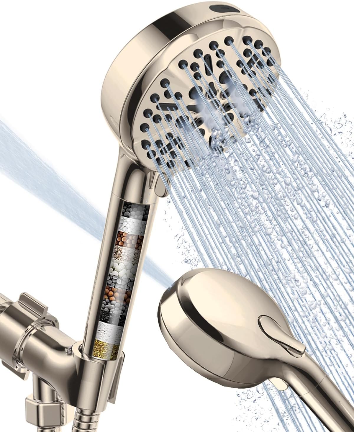 Filtered Shower Head with Handheld Brushed Nickel, BOWGER 6 Modes High Pressure Shower Heads with Power Wash Mode and Hard Water Filter, Detachable Hand Held Showerhead Set with Extra Long Hose