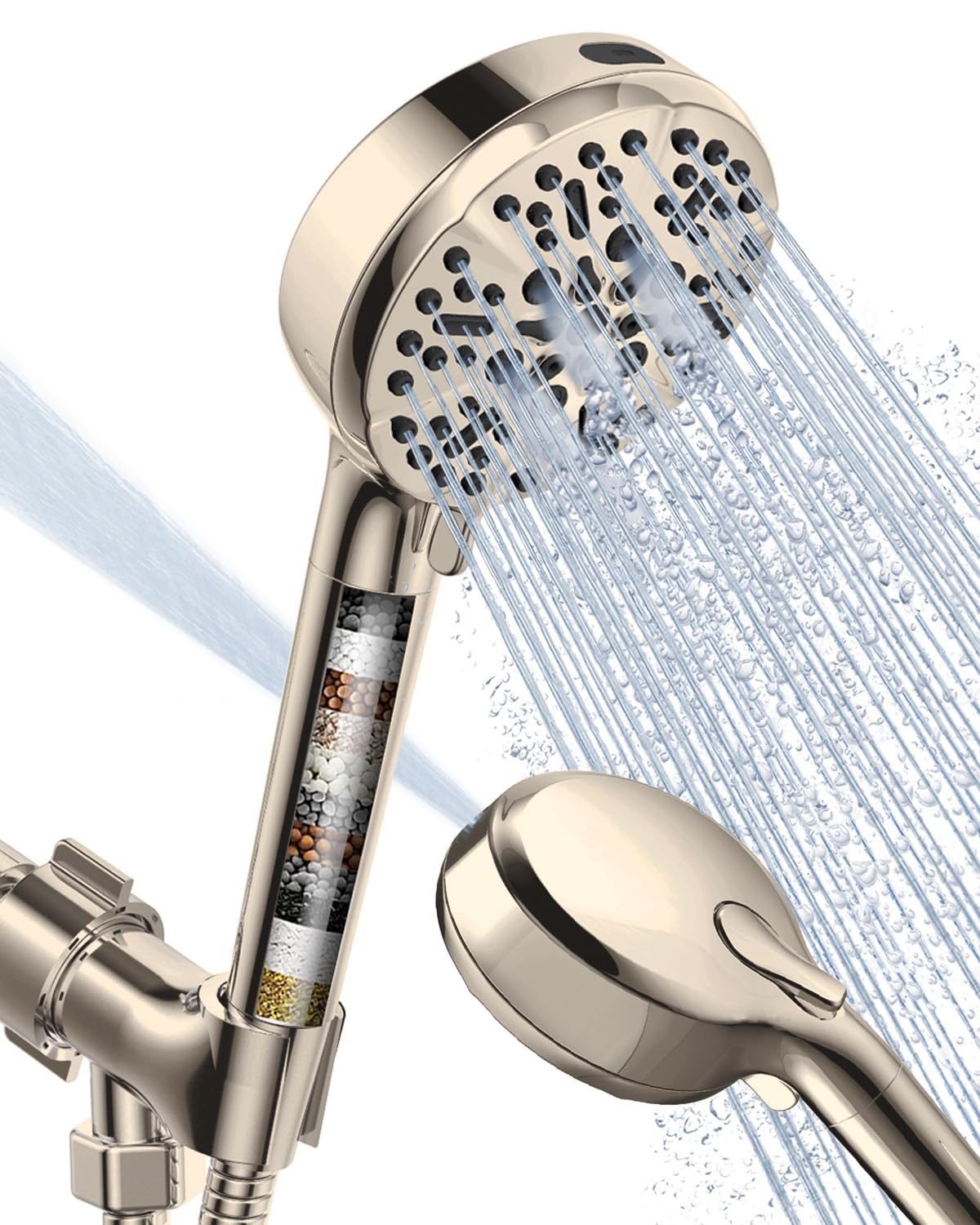 Filtered Shower Head with Handheld Brushed Nickel, BOWGER 6 Modes High Pressure Shower Heads with Power Wash Mode and Hard Water Filter, Detachable Hand Held Showerhead Set with Extra Long Hose
