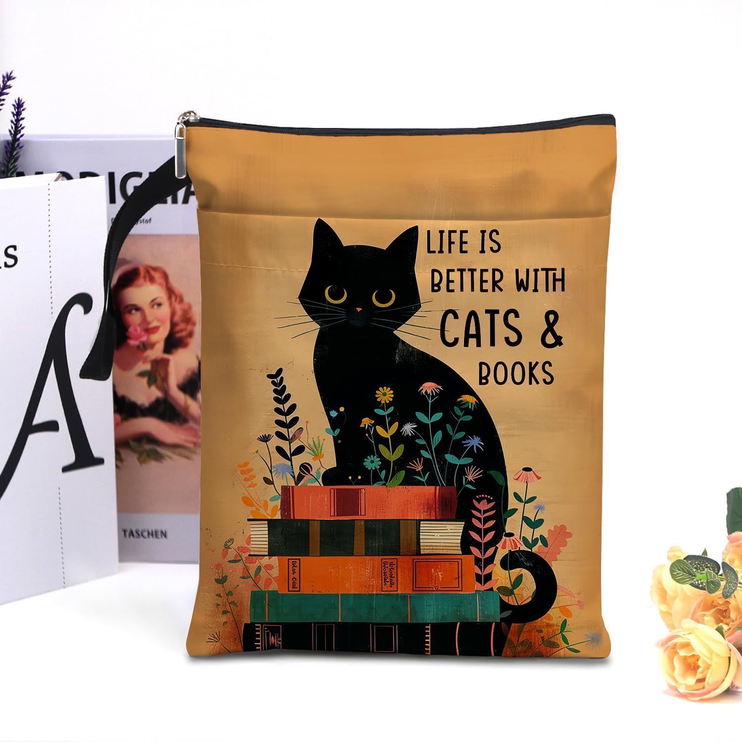 Funda para libro de gatos, fundas de libros para libros de tapa blanda, fundas para libros con cremallera, regalos para amantes de los gatos, regalos temáticos de gatos para mujeres, profesores, hija,