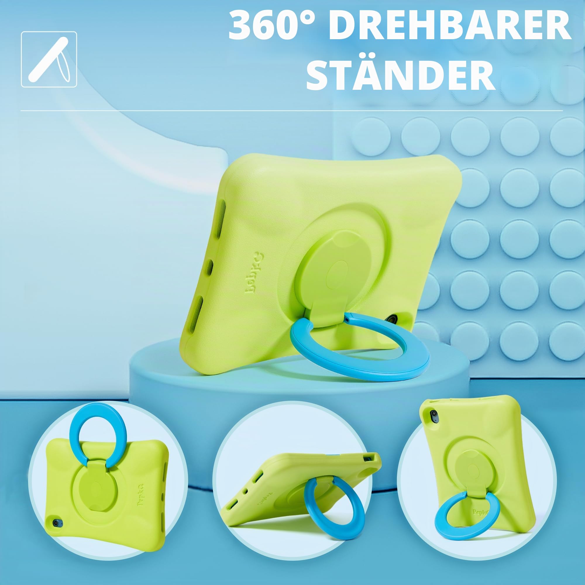 Kinder Hülle für iPad, Stoßfeste Hülle für iPad 11-Zoll A16 (2025) / 10,9-Zoll der 10. Generation (2022), Leichte Ganzkörper-Schutzhülle mit Faltbarem Griff/Ständer (Grün+Blau)