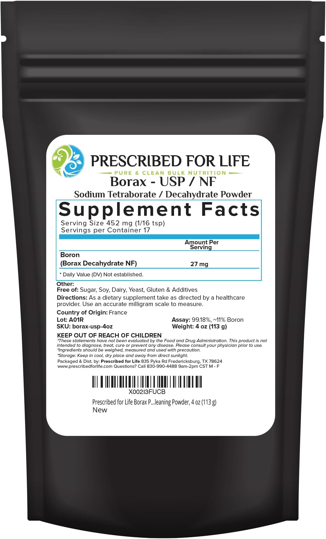 Prescribed for Life Borax Powder, Pure USP NF Grade All Natural Sodium Borate Powder, Household Laundry Booster, Slime Activator & Multipurpose Cleaning Powder (4oz / 113g)