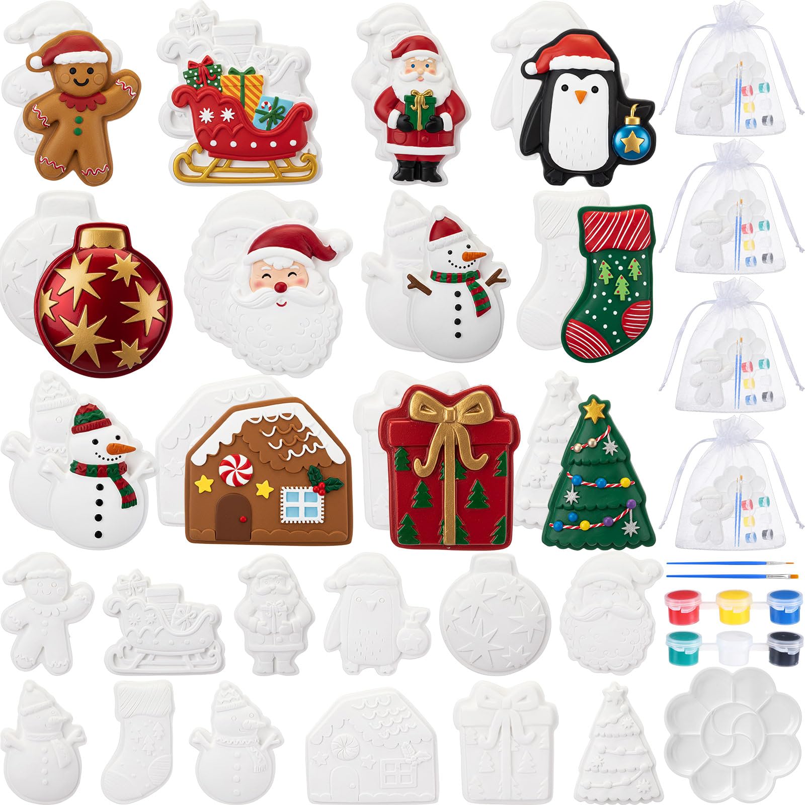 24 Sets Xmas Mixed Styles Ceramic Painting Kit Magnetic Figurines
