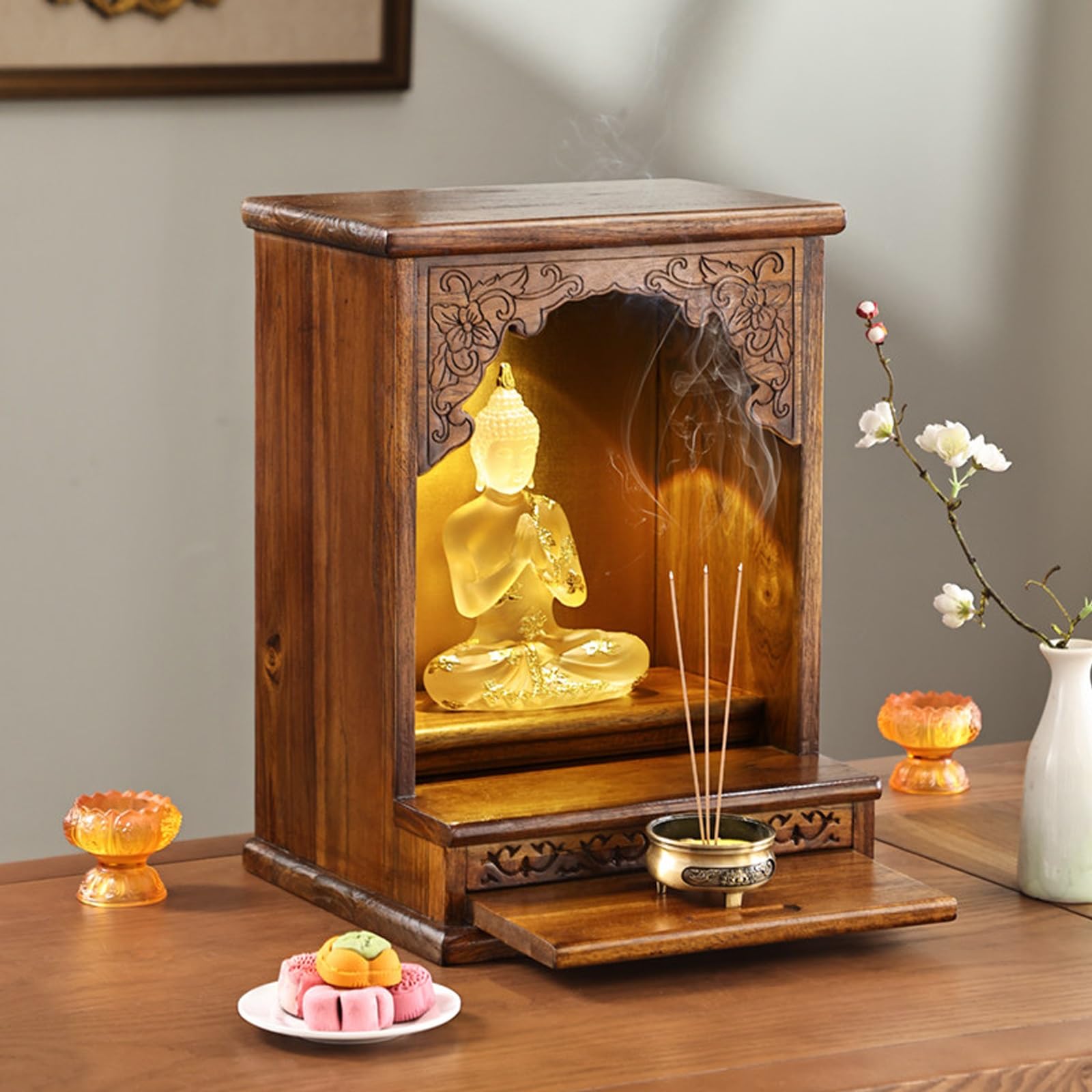 Mobile da altare for santuario buddista in legno di teak montato a parete con cassetto e luce(Desktop)