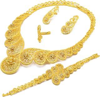 Indian Bollywood Women Jewelry Sets 24K Gold Plated Dubai Gold Necklace Earrings Bangle Fashion Wedding Prom Jewelry Set