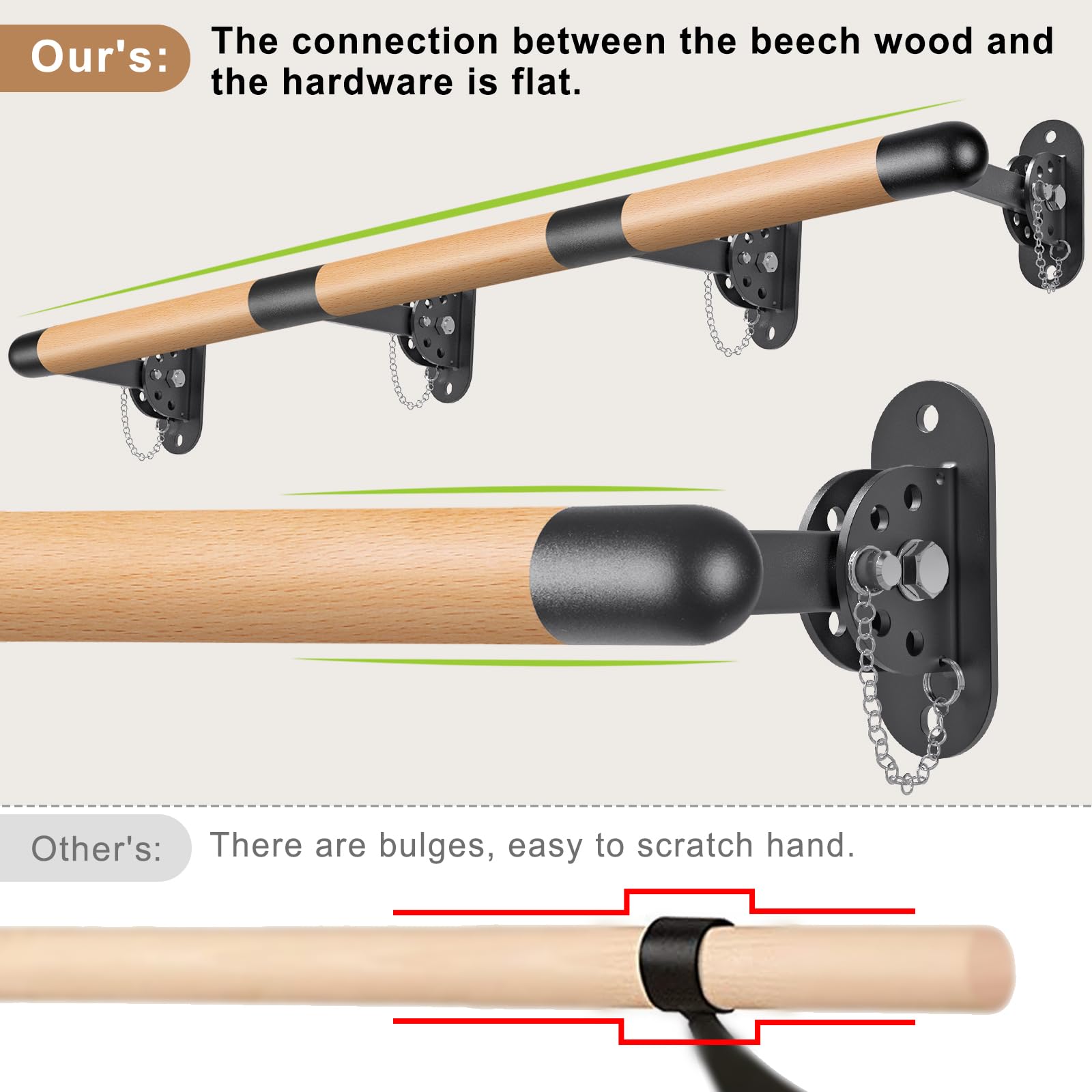 Dolibest Ballettstange Wandmontage, 90-250cm Ballett Stange Holz Kinder Verstellbar Stretching Tanzstange Klappar Erwachsene Zuhause Barre Gym Training Ausrüstung mit Halterung, 4cm Durchmesser