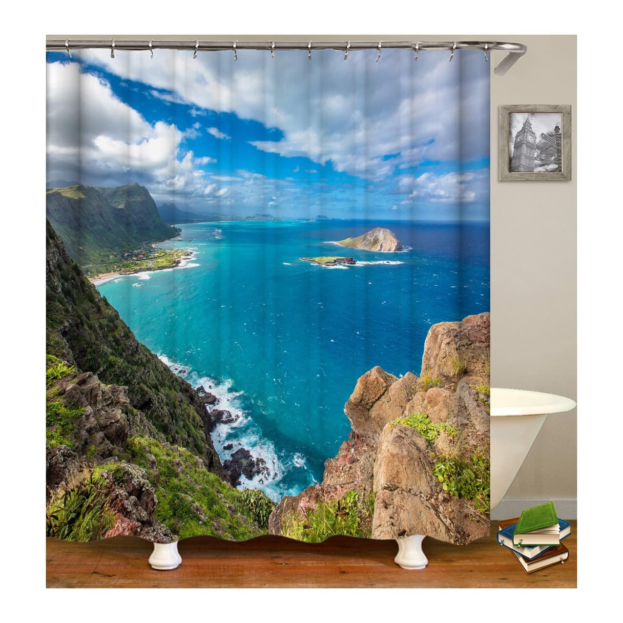 Motif mer bleue pour ce rideau de douche imperméable lavable multicolore