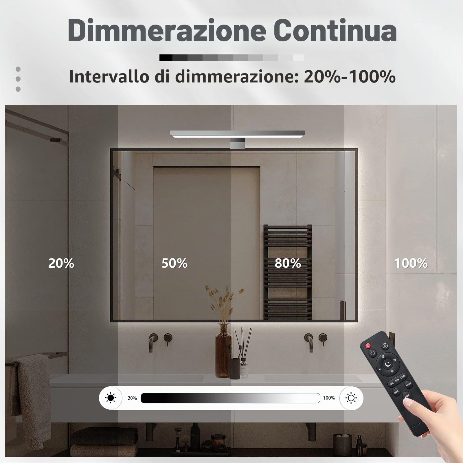 KYOTECH Lampada da Specchio a LED per Bagno 40cm Dimmerabile con Telecomando 12W 800LM Lampada da Bagno Impermeabile IP44 con interruttore Morsetto su Specchio,Armadio,Illuminazione a Parete