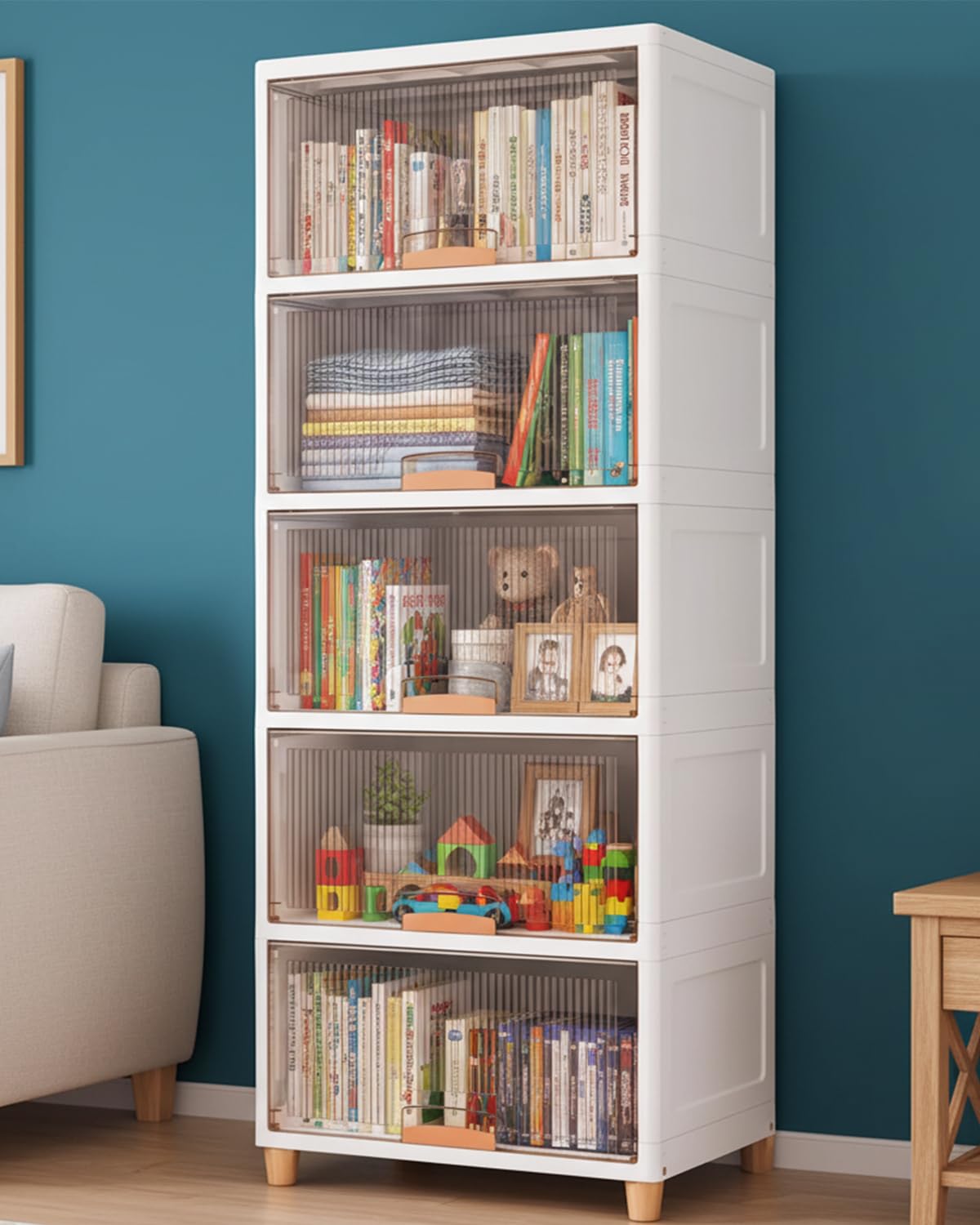 HOMIFLY 5 Tier X-large Plastic Wardrobe for Clothes/Multipurpose Stackable Storage Cabinet/Foldable Space Saving Almirah for Bedroom/Cupboard Organizer for Clothes, Toys, Kitchen(White & Transparent)