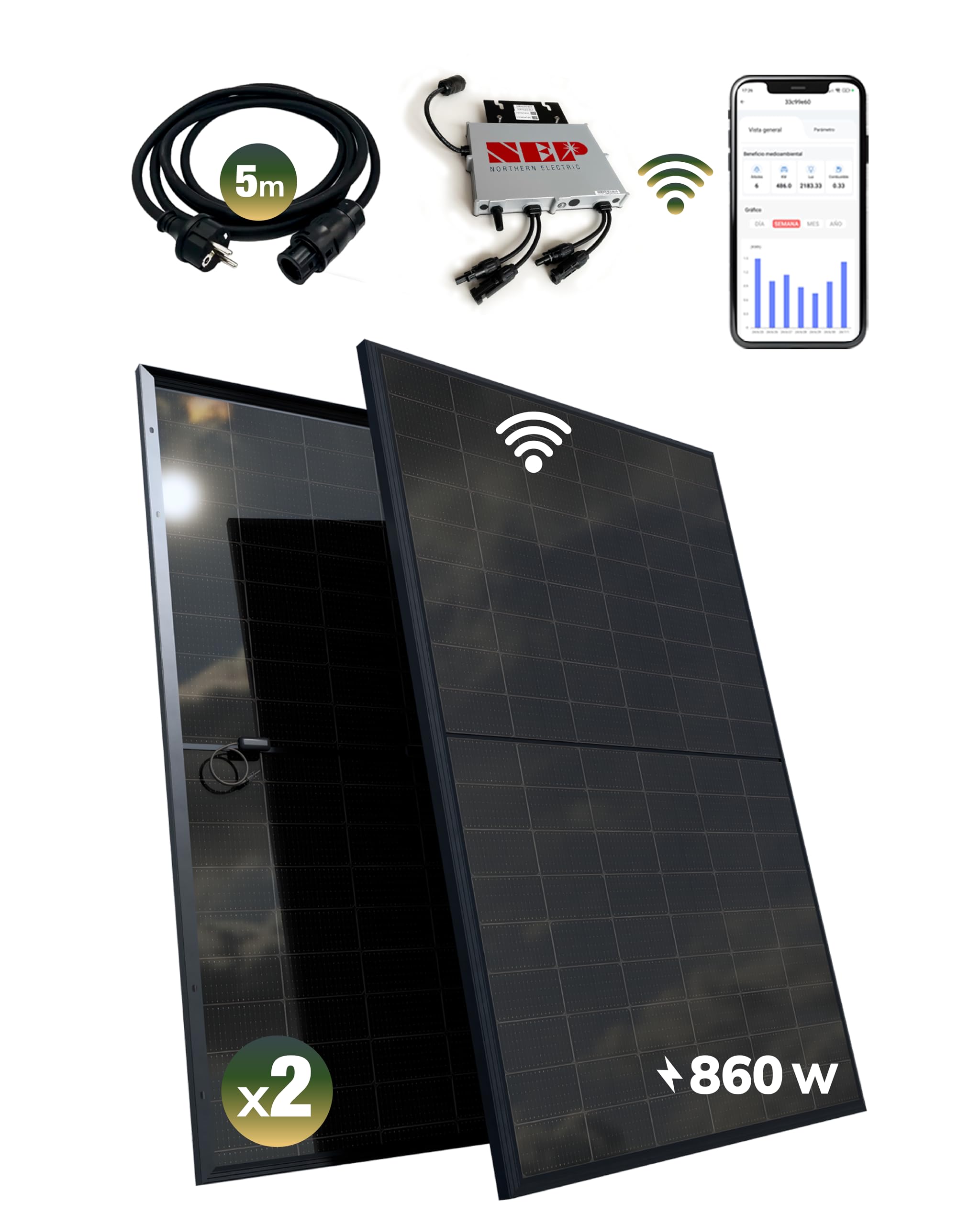 Kit solaire balcon 800W – Plug and Play – 2 panneaux solaires bifaciaux 430W – ALL BLACK – TOPCon – Micro-onduleur NEP BDM800W – Câble de 5 m – Application de surveillance