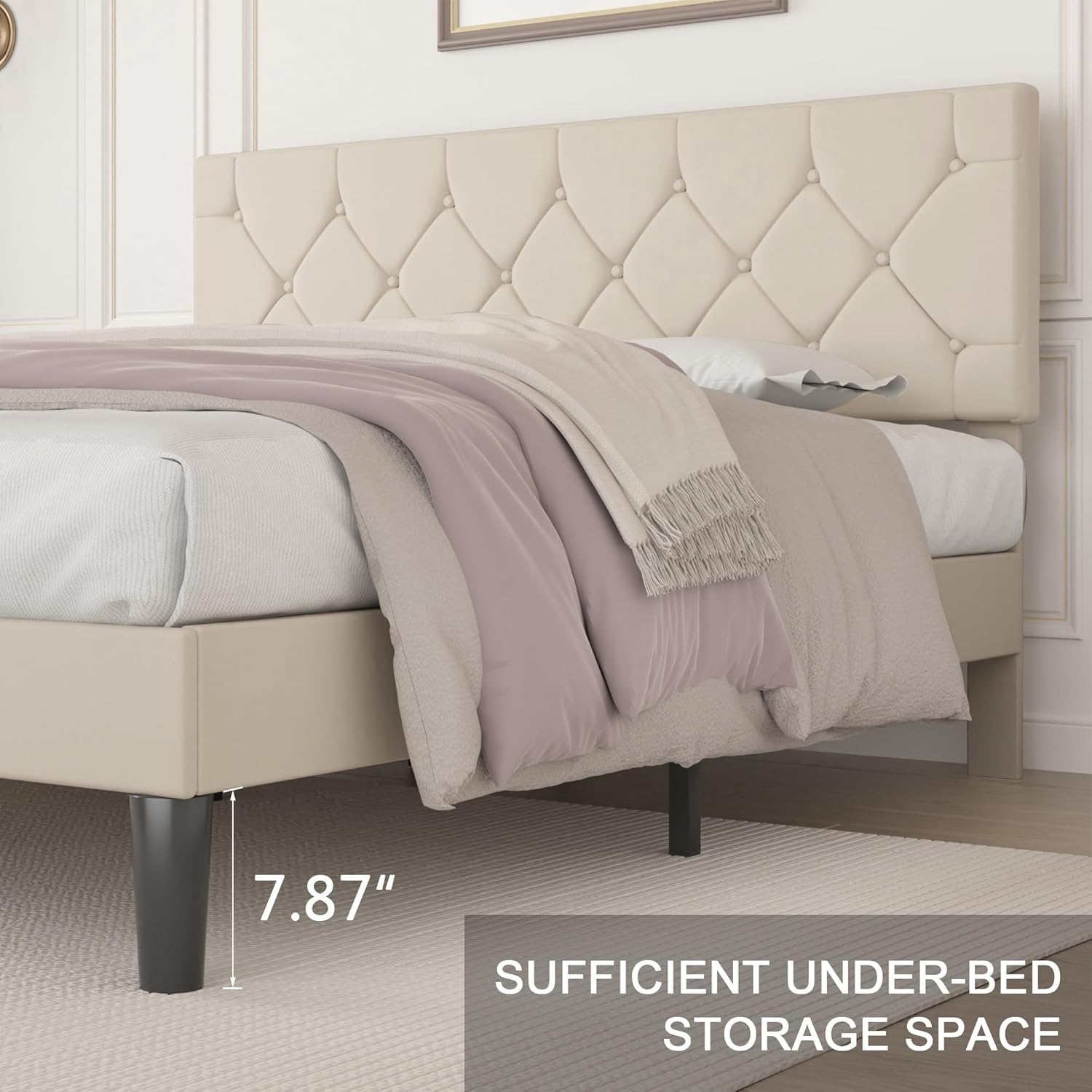 VECELO Queen Size Bed Frame with Button Tufted Headboard, Upholstered Platform Bedframe with Wood Slat Support, No Box Spring Needed, Beige