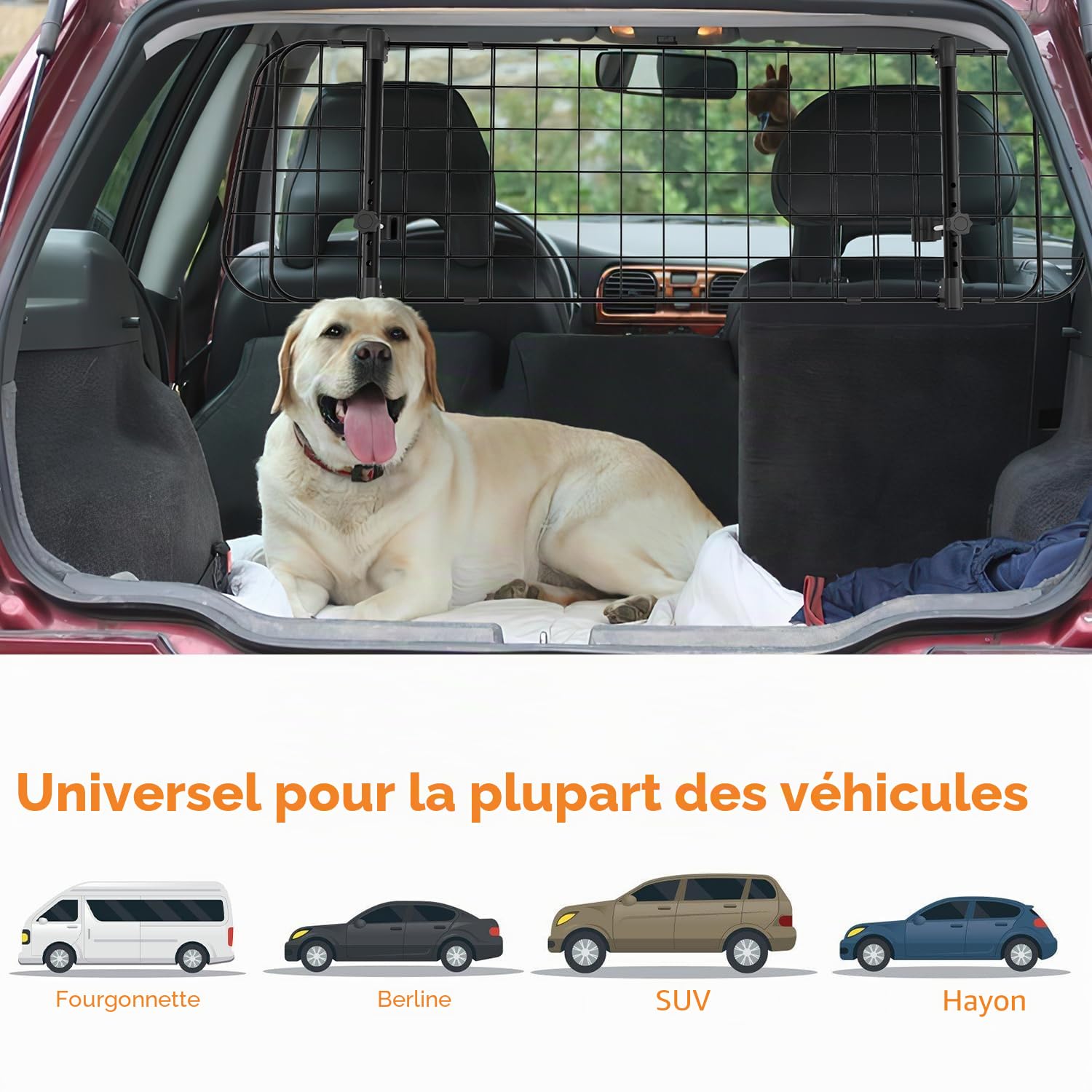 Herrselsam Grille de protection de voiture, pour chien, largeur réglable, grille de séparation pour coffre de chien, avec ceinture de sécurité, filet de voiture