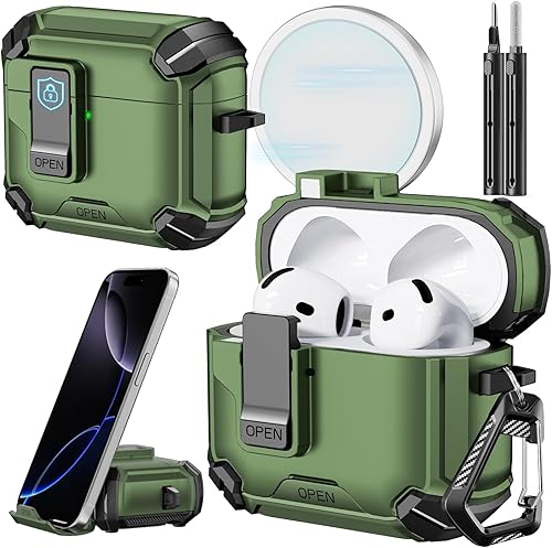 Miniatura 42 de Inesore Compatible con funda AirPods 4 con soporte para teléfono y kit de limpieza, Compatible con Magsafe, cerradura magnética automática