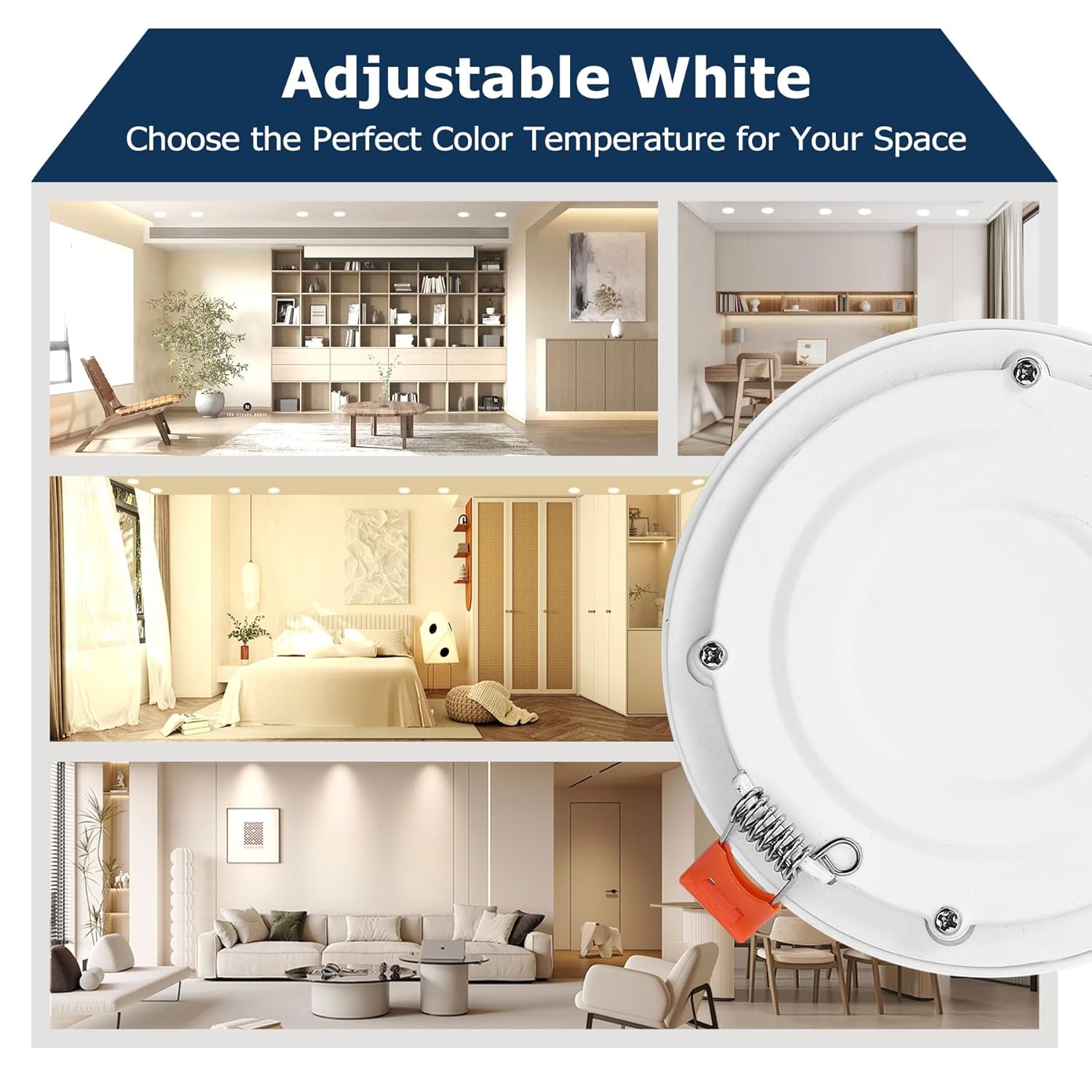 12PK 4inch 5CCT LED Recessed Lighting, 5 Color Temperature in 1 Light, 10-100% Dimming Range, 8W, 800LM, 2700K/3000K/3500K/4000K/5000K Selectable, Retrofit Wafer Light with Baffle Trim, ETL