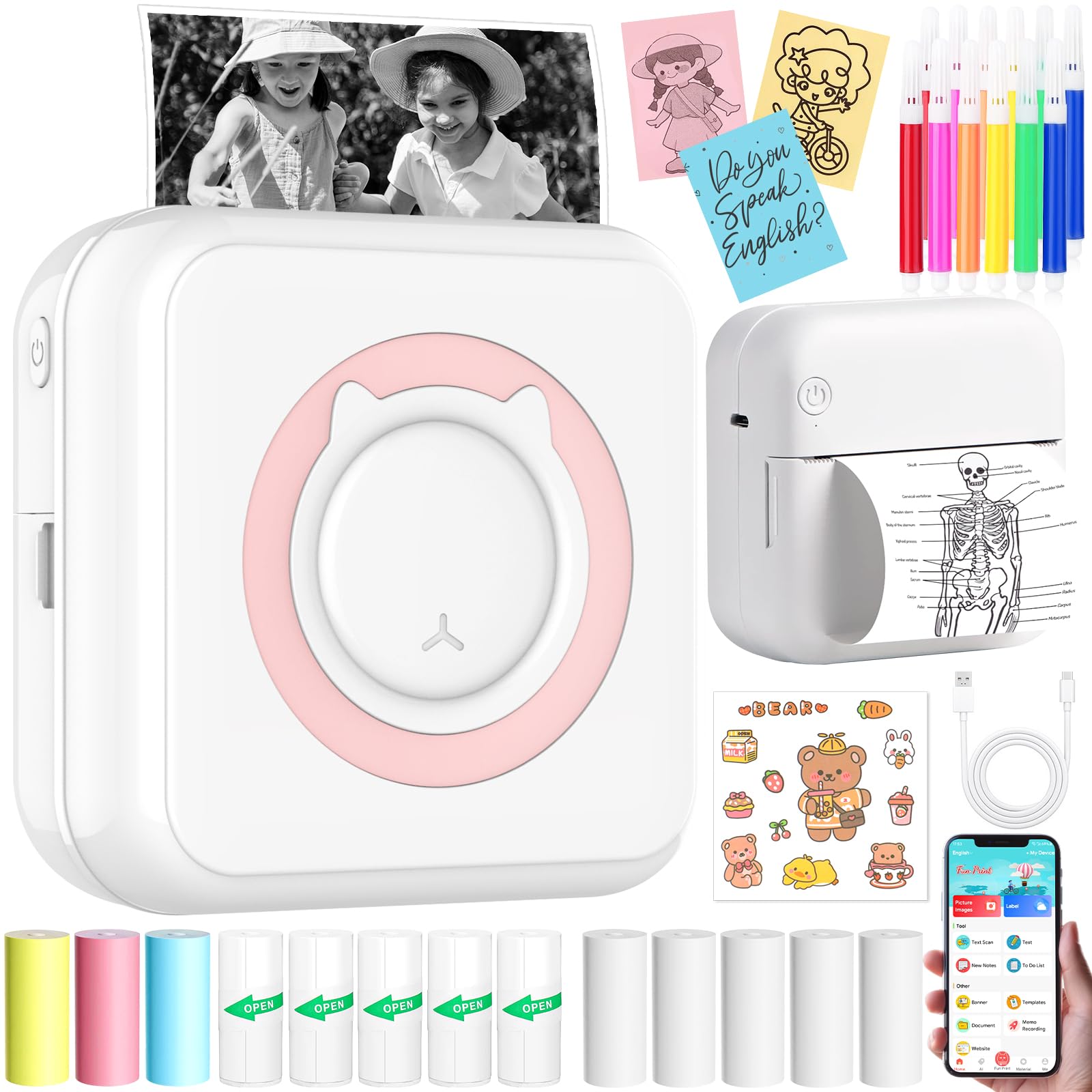 Mini Impresora para Movil, Impresora Fotográfica, Portátil Mini Impresora Bluetooth Impresora Termica, Movil Impresora Fotos, Inalámbrico Impresora Térmica, para Lista Fotos Nota
