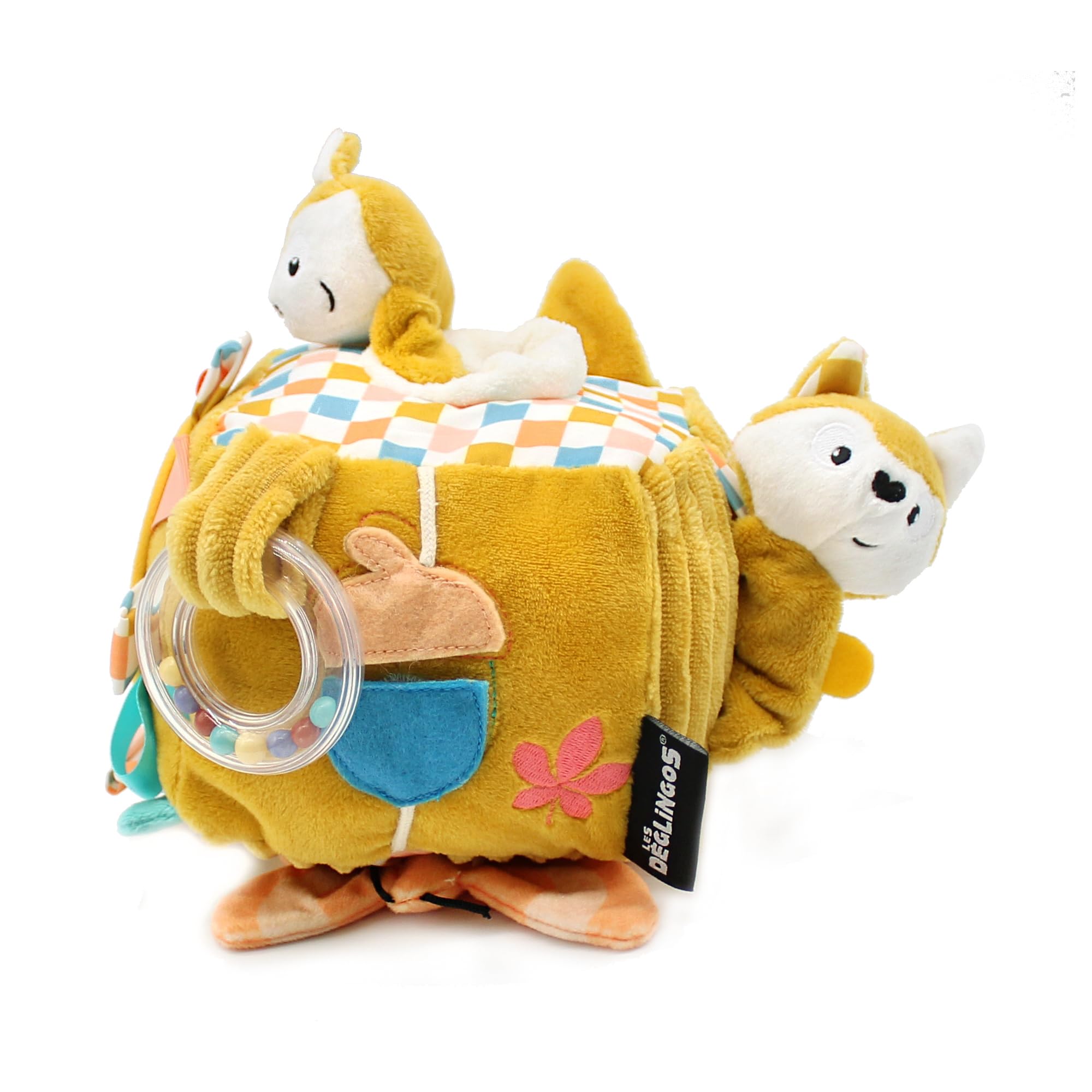 Les DEGLINGOS - Cube d'activités en Tissu Cyranos Le Renard - Jouet d'éveil sonore et Tactile pour bébé - Jouet de développement - Cadeau de Naissance - 12cm - Moutarde Moutarde