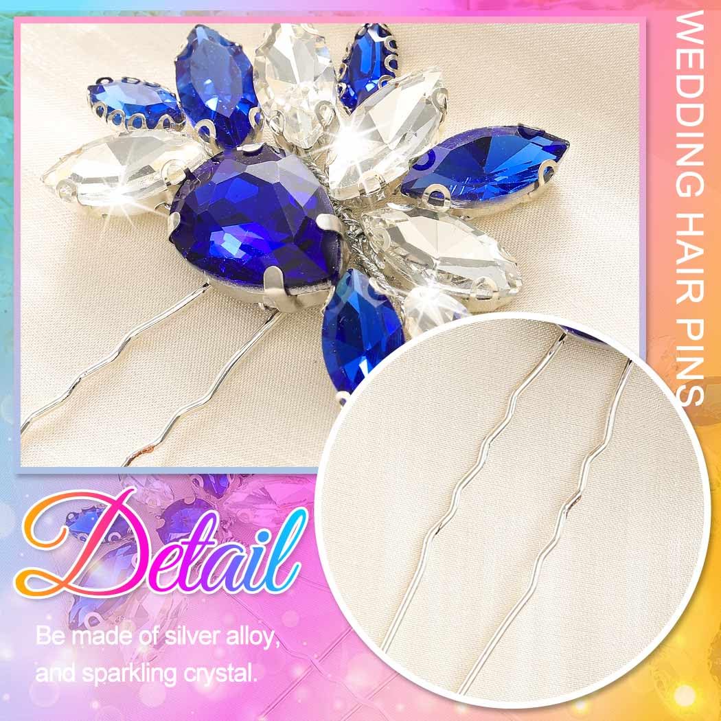 Heread Blue Crystal Bride Wedding Hair Pins Silver Rhinestones Bridal Hair Pieces Accessories for Women and Girls（Pack of 3) - Image 5
